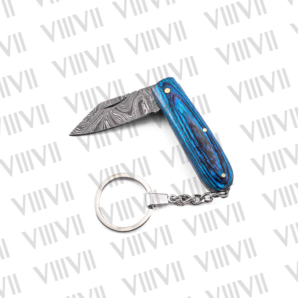 Folding Pocket Knife Keychain – Damascus or Stainless Steel Blade with Blue Wood Handle | Mini EDC Utility Knife for Gifting & Everyday Carry