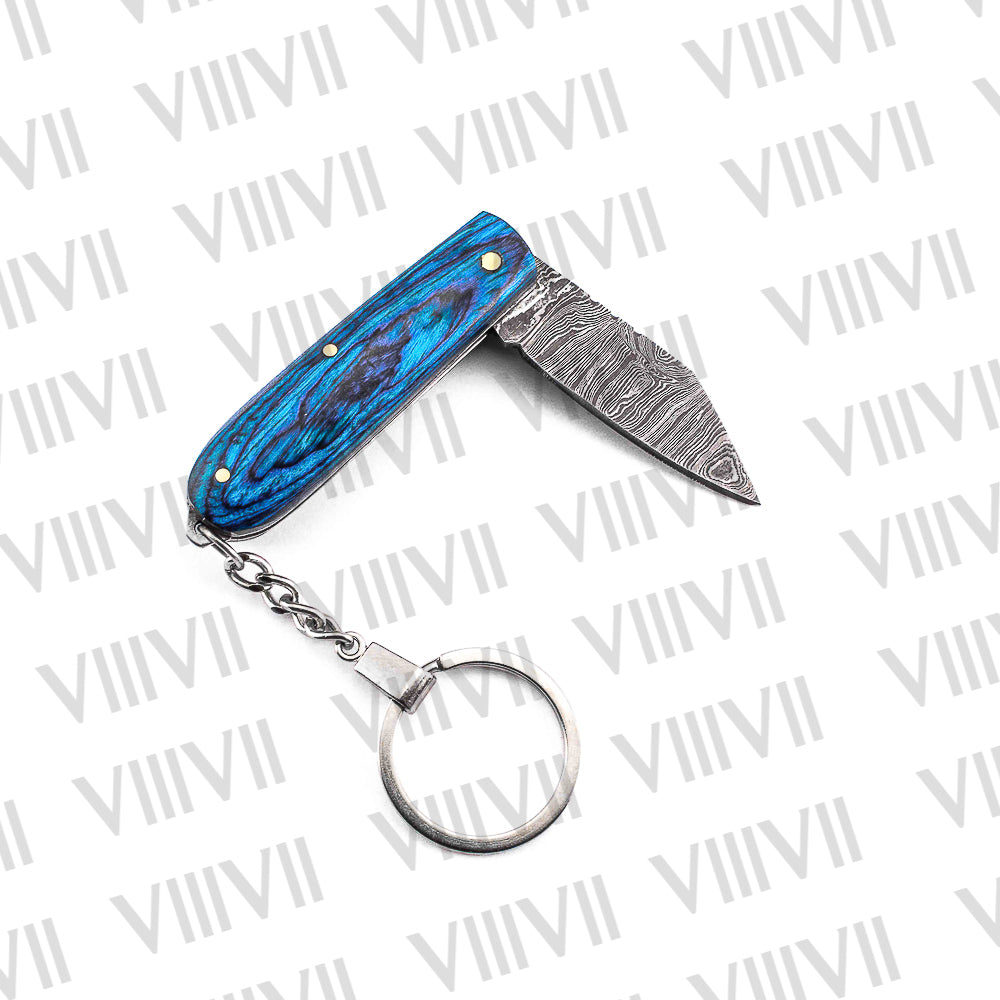 Folding Pocket Knife Keychain – Damascus or Stainless Steel Blade with Blue Wood Handle | Mini EDC Utility Knife for Gifting & Everyday Carry