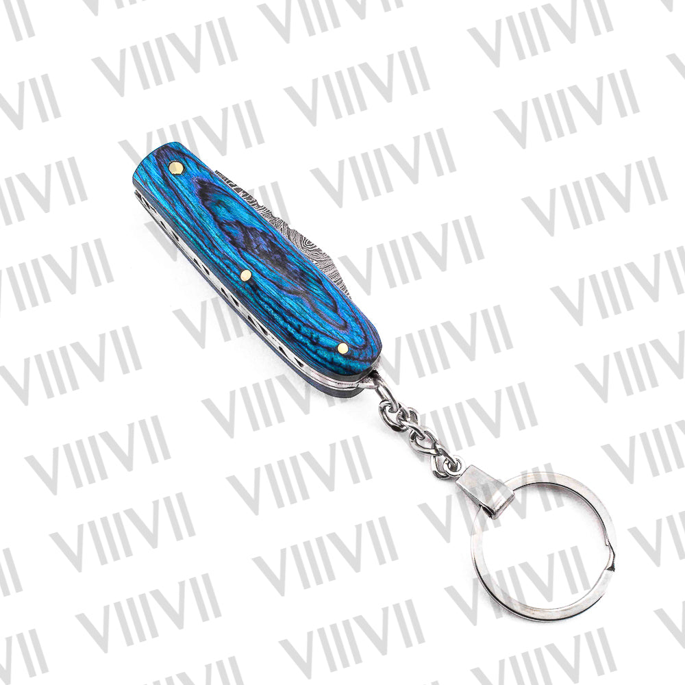 Folding Pocket Knife Keychain – Damascus or Stainless Steel Blade with Blue Wood Handle | Mini EDC Utility Knife for Gifting & Everyday Carry
