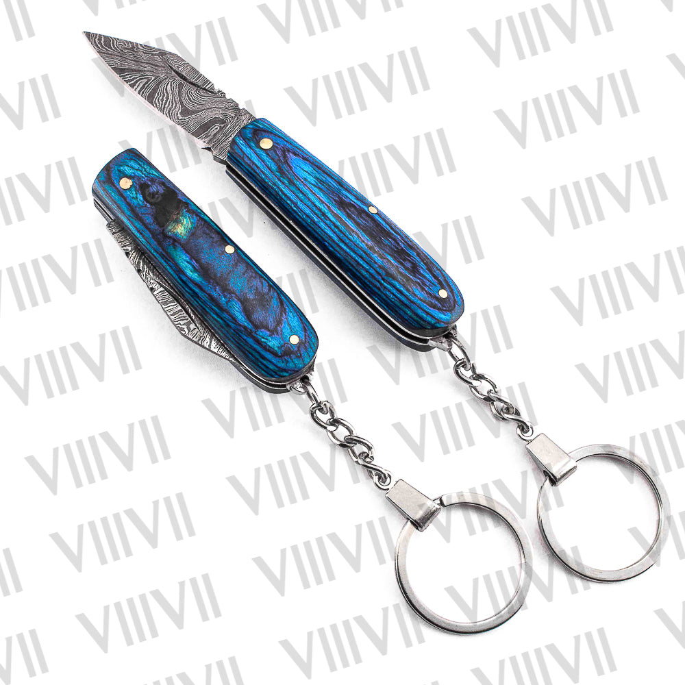 Folding Pocket Knife Keychain – Damascus or Stainless Steel Blade with Blue Wood Handle | Mini EDC Utility Knife for Gifting & Everyday Carry
