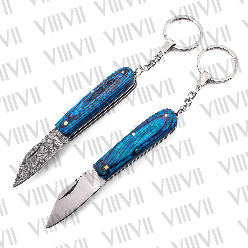 Folding Pocket Knife Keychain – Damascus or Stainless Steel Blade with Blue Wood Handle | Mini EDC Utility Knife for Gifting & Everyday Carry