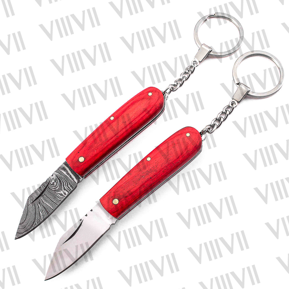 Folding Pocket Knife Keychain – Damascus or Stainless Steel Blade with Red Wood Handle | Mini EDC Knife for Gift, Camping & Daily Utility