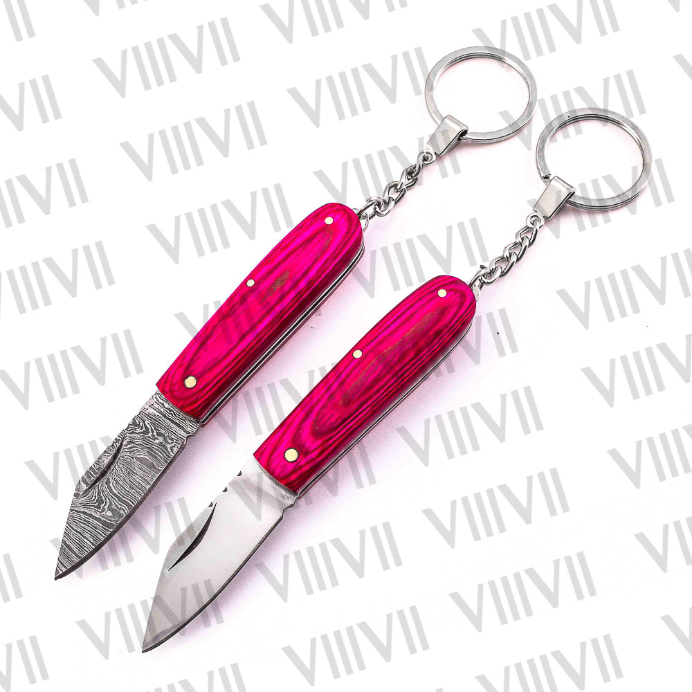 Folding Pocket Knife Keychain – Damascus or Stainless Blade with Pink Wood Handle | Mini EDC Gift Knife for Women, Camping & Everyday Use