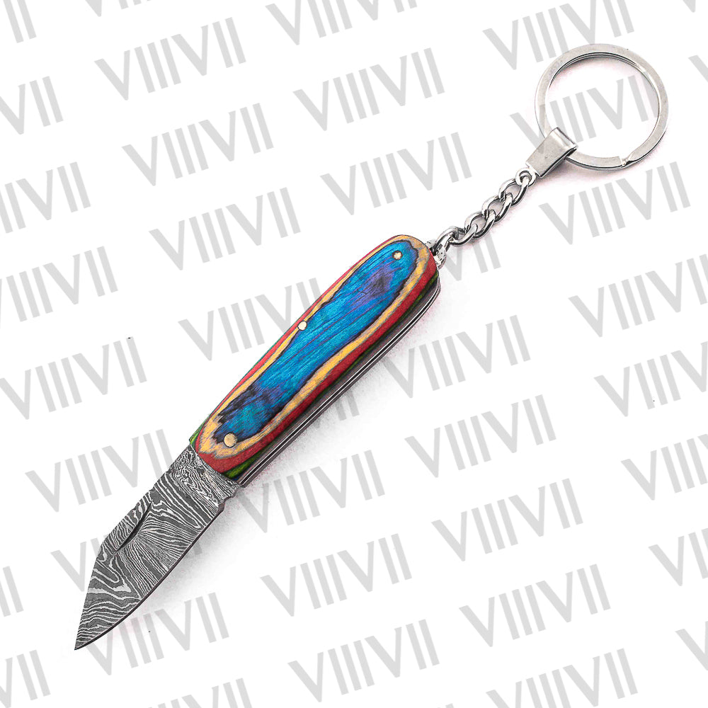 Folding Pocket Knife Keychain – Damascus or Stainless Steel Blade with Multi Wood Handle | Mini EDC Knife for Gifting, Outdoor & Everyday Use