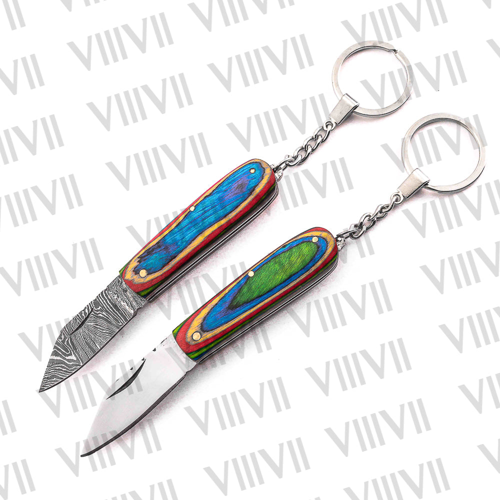Folding Pocket Knife Keychain – Damascus or Stainless Steel Blade with Multi Wood Handle | Mini EDC Knife for Gifting, Outdoor & Everyday Use