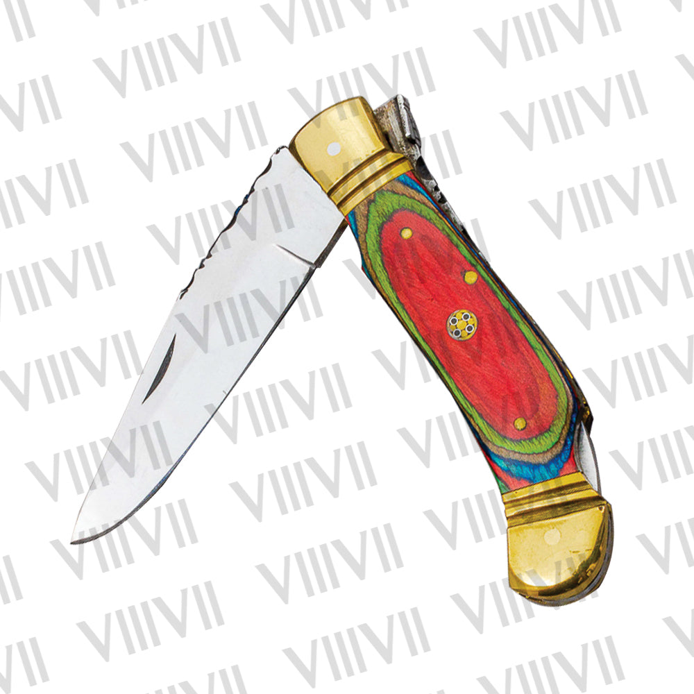 D2 Steel Folding Pocket Knife with Multiwood Handle – Handmade EDC Knife with Leather Sheath or Gift Box (Square or Heart)