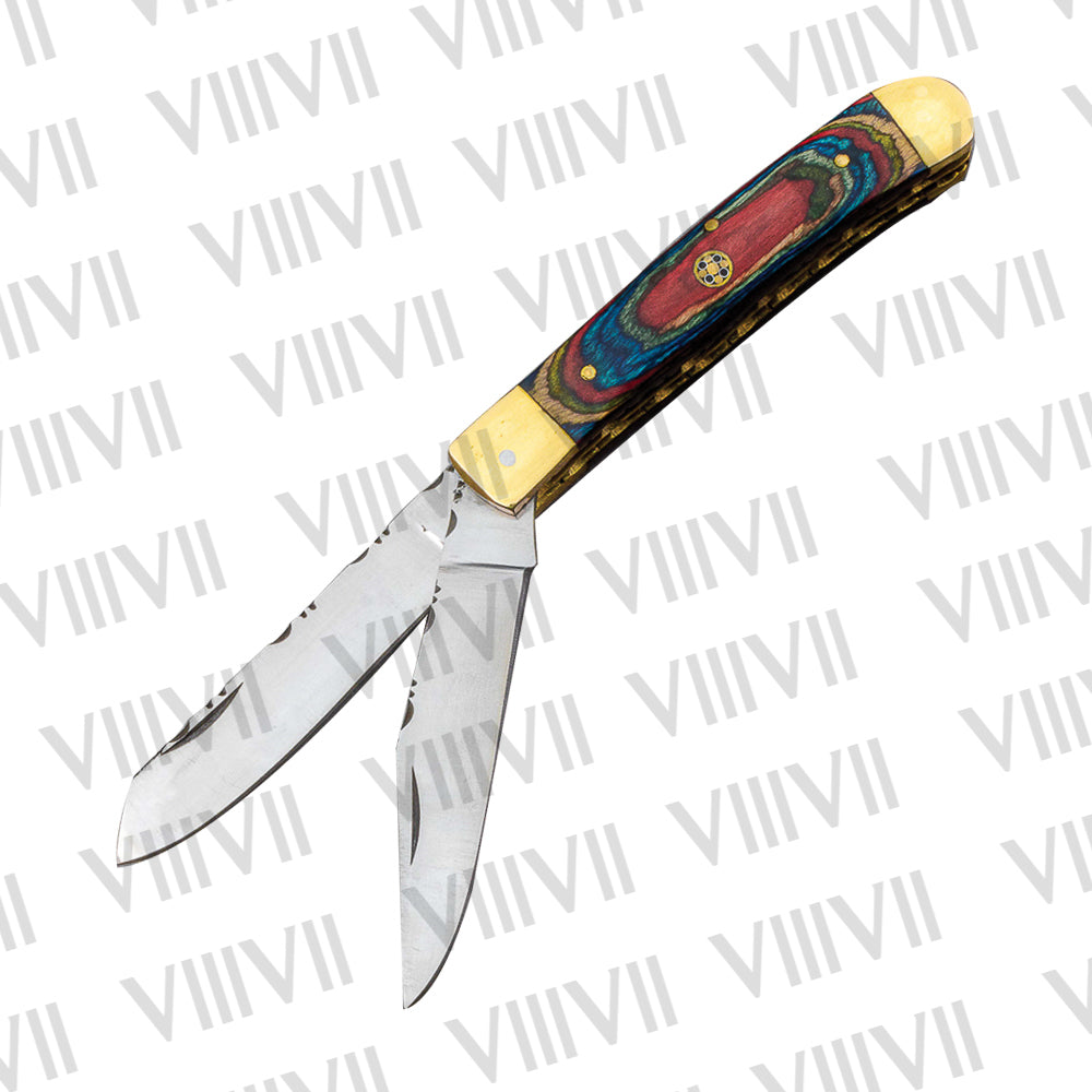 Double Blade Pocket Knife with Multi-Wood Handle | Trapper Folding Knife with Spey & Clip Point Blades – Gift Box or Leather Sheath Included