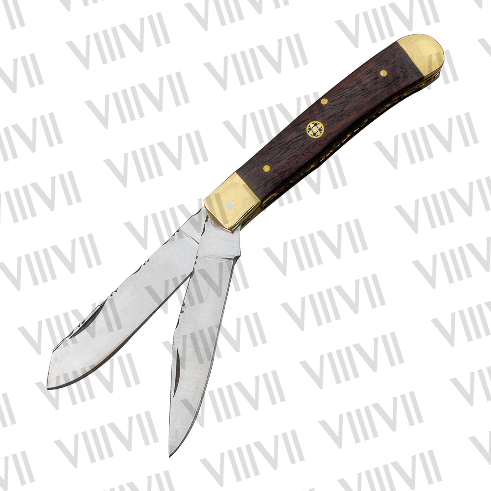 Double Blade Pocket Knife with Rosewood Handle | Trapper Folding Knife with Spey & Clip Point Blades – Gift Box or Leather Sheath