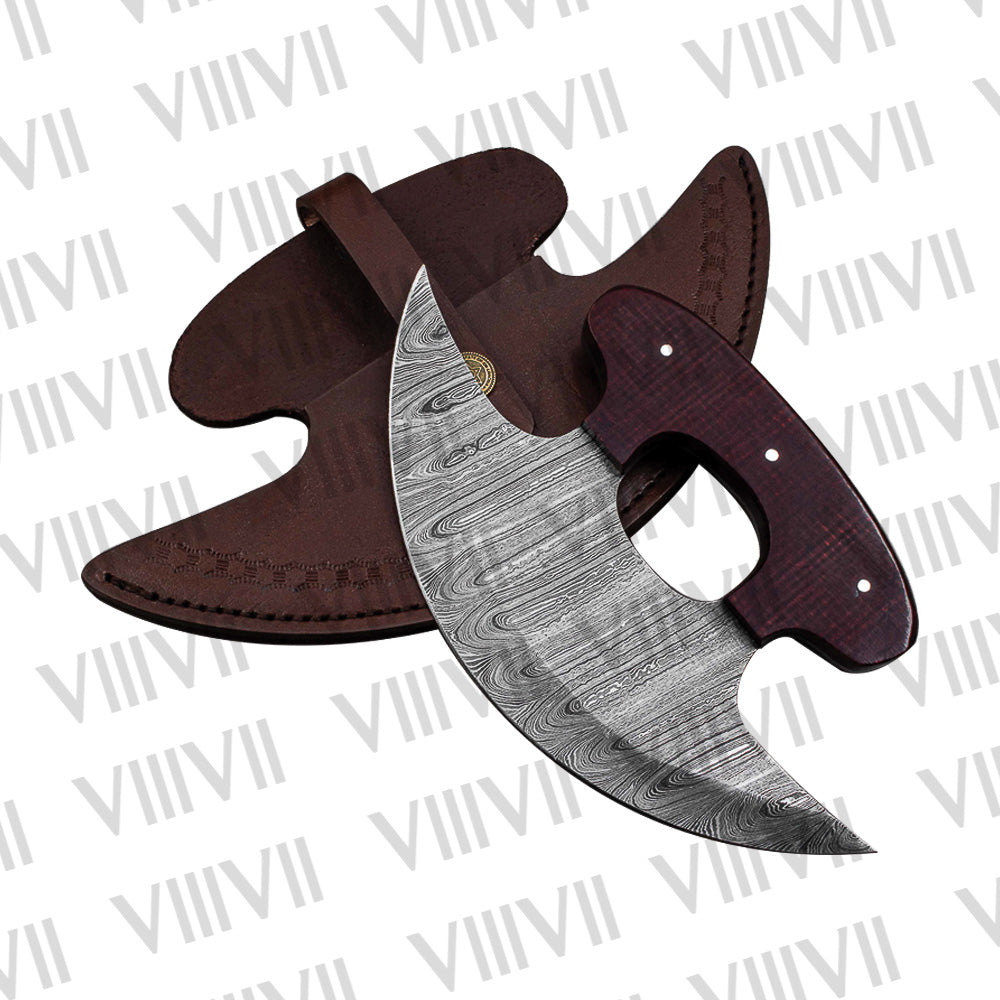 Pizza Knife, Alaskan Ulu Knife Hand-Forged from Damascus Steel with Micarta Handle  Unique Kitchen Tool & Gift