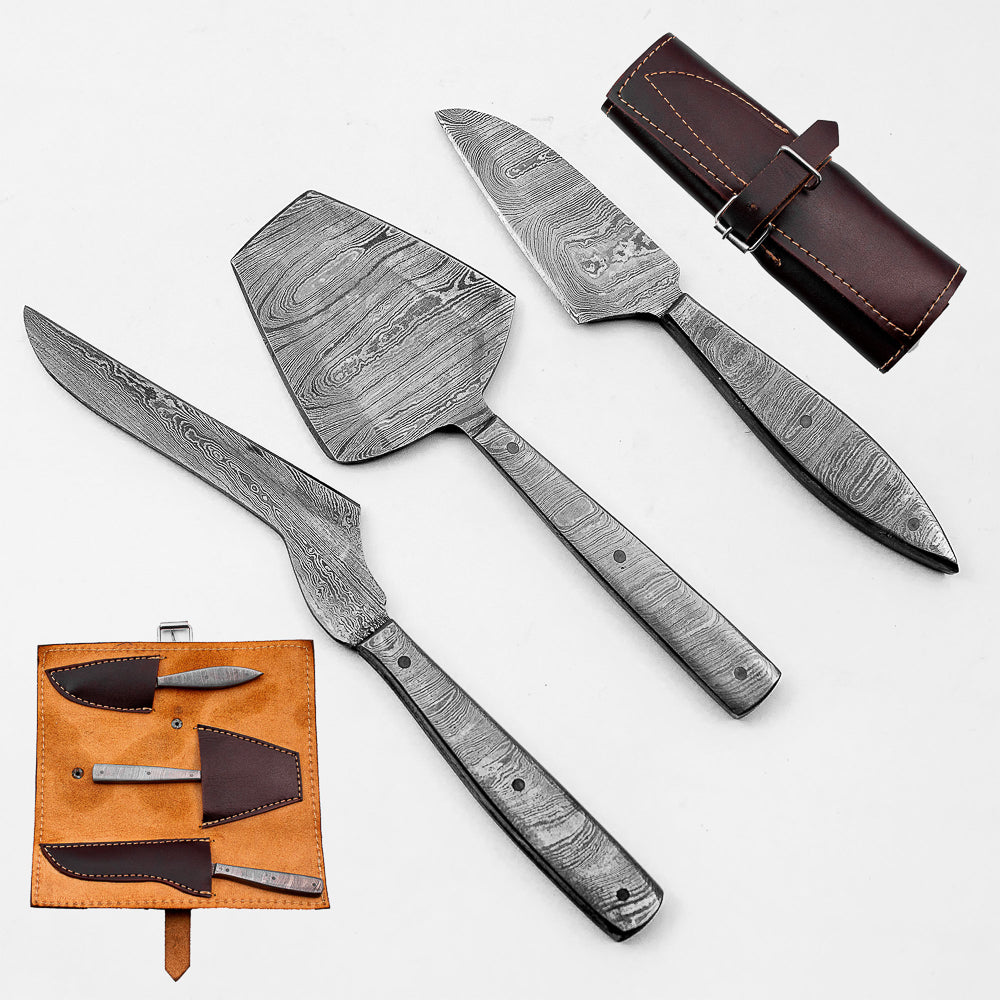Damascus Steel Cheese Knife Set with Handcrafted Leather Roll | Handmade Kitchen & Gift Set