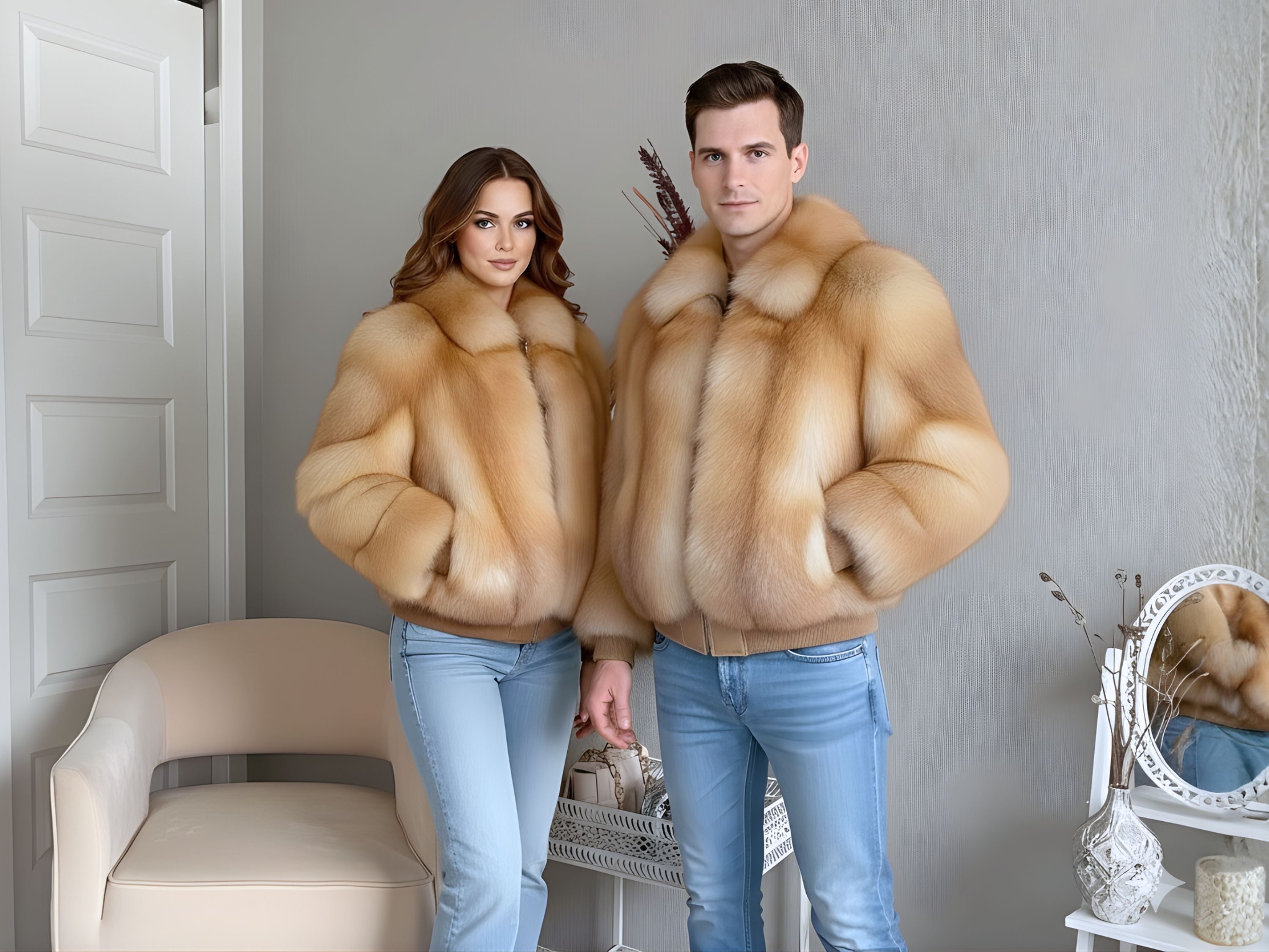 Bespoke Red Fox Fur Men’s Bomber Jacket – One-of-a-Kind Handmade Luxury Genuine Fur Designer Coat