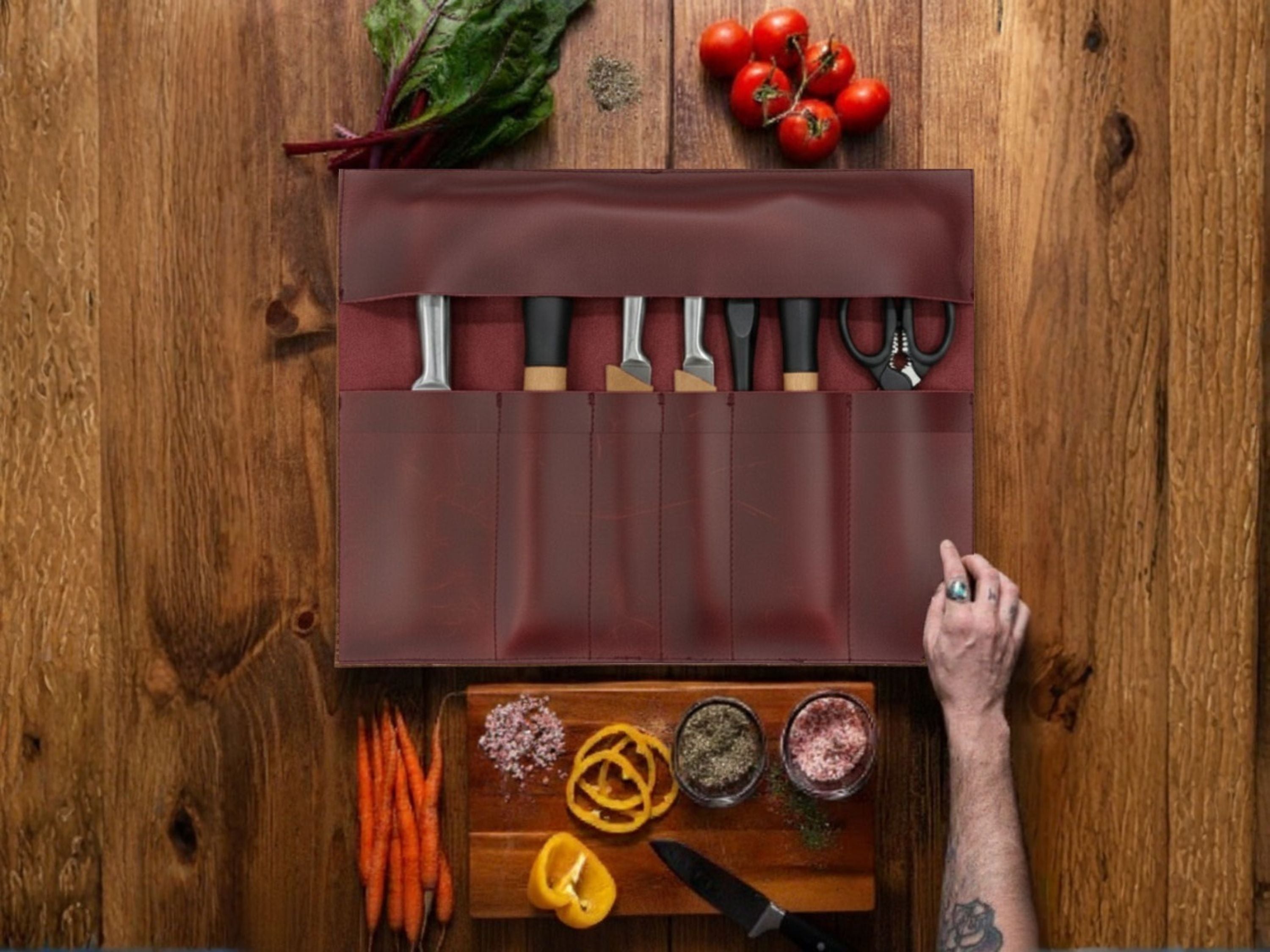 Premium Burgundy Leather Knife Roll – 6 Slot Chef Knife Bag for Professionals
