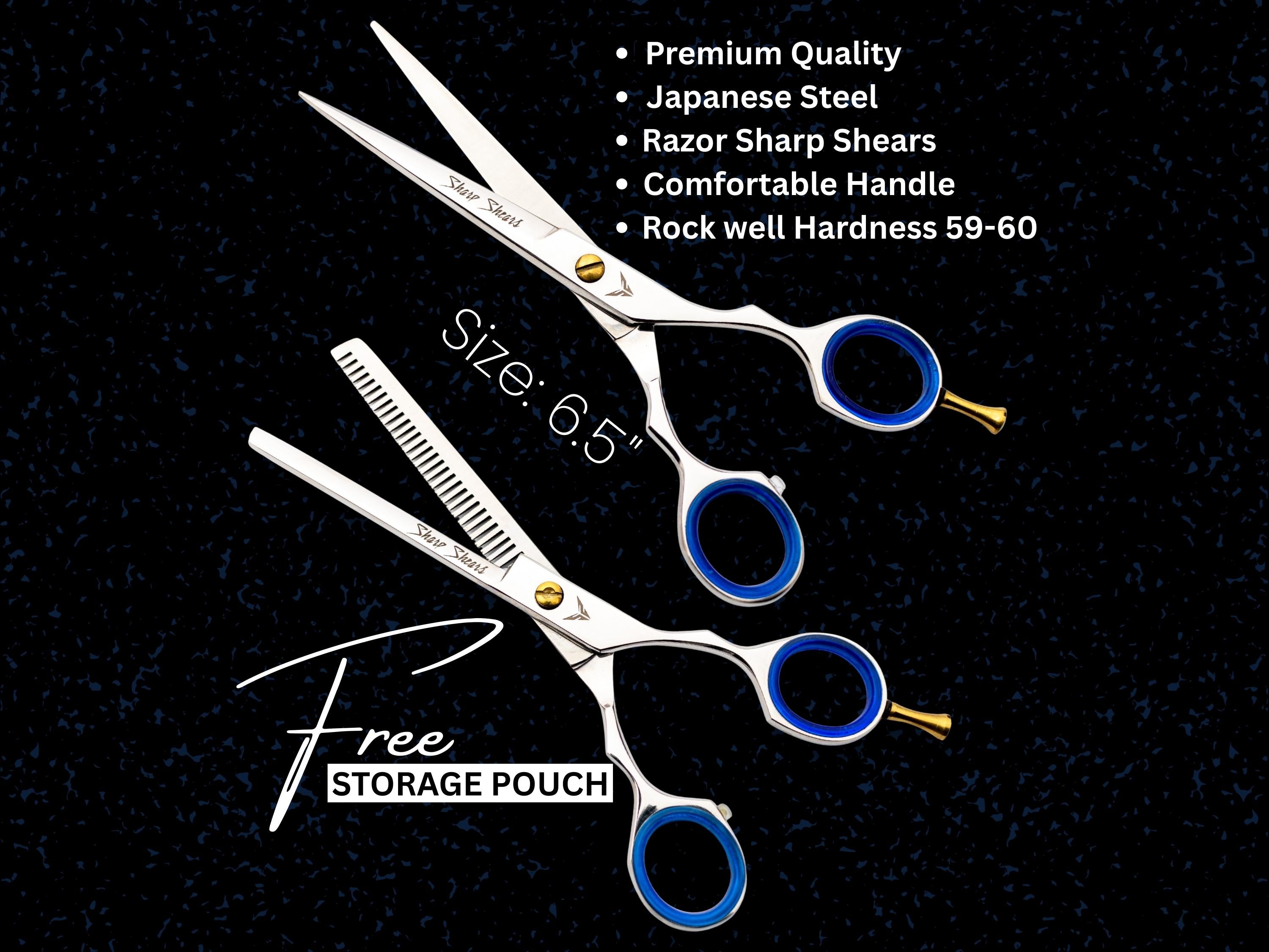 Japanese Steel Barber Shear Set: 6.5" Hair Cutting & Thinning - Storage Pouch