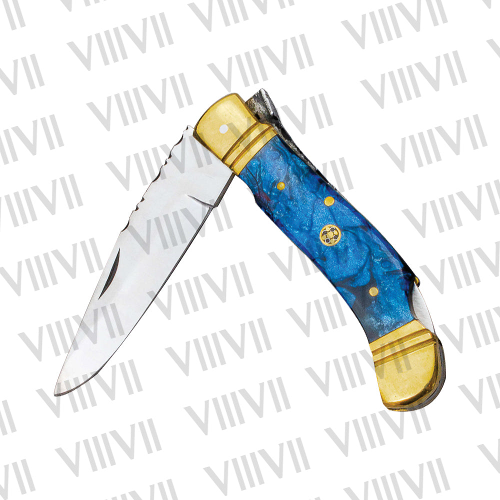 Handmade D2 Steel Pocket Knife with Blue Resin Handle – Includes Leather Sheath, Square Box or Heart Gift Box