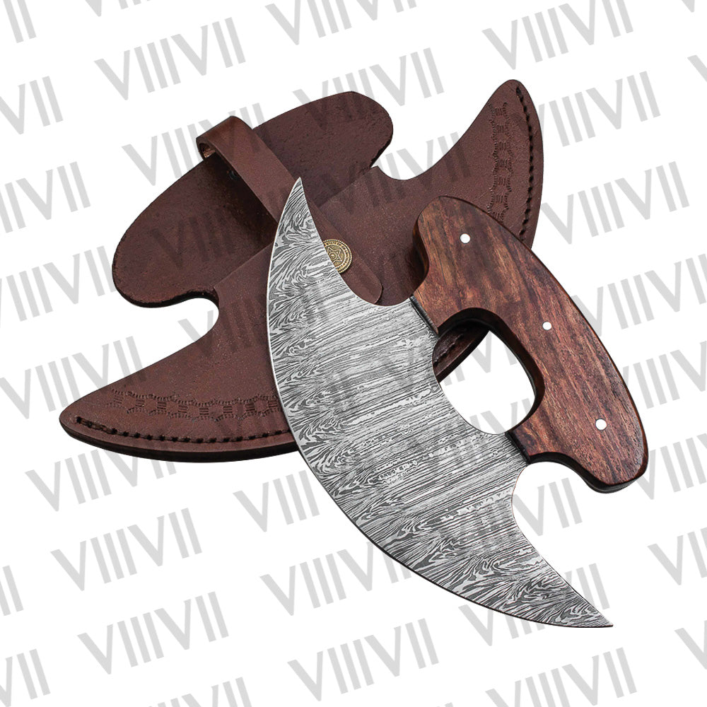 Damascus Steel Pizza Knife, Alaskan Ulu Knife with Rosewood Handle – Handmade Kitchen Tool & Gift
