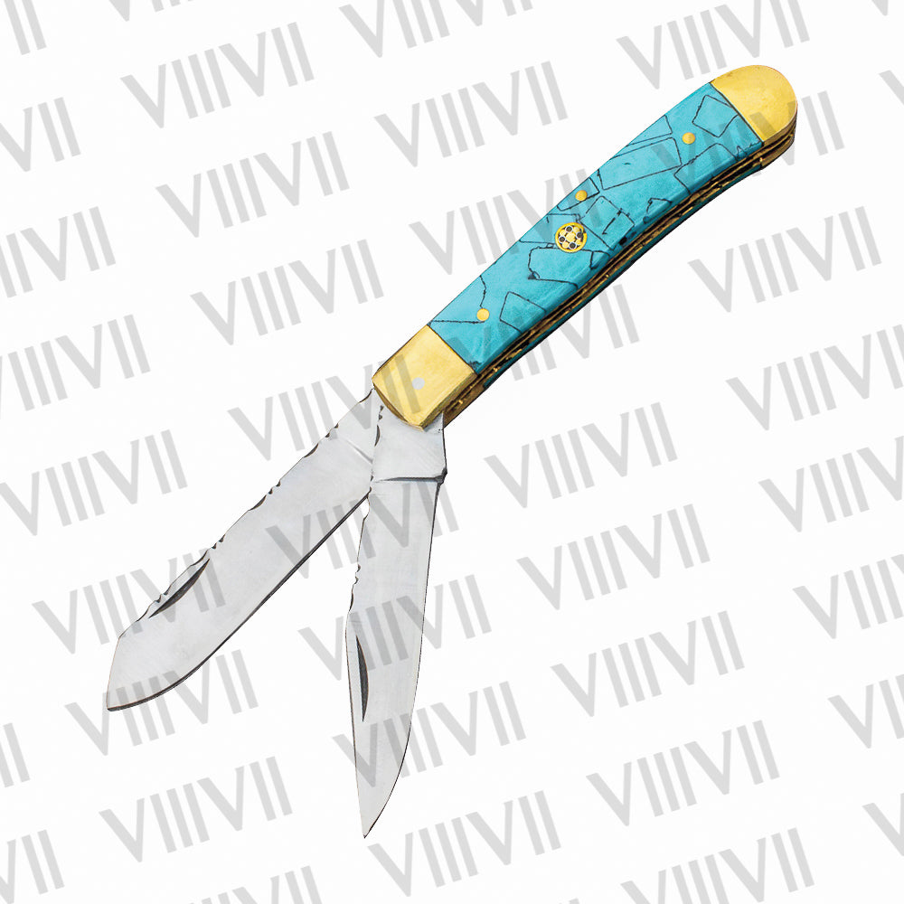 Double Blade Pocket Knife with Turquoise Handle | Trapper Folding Knife with Clip & Spey Blades – Gift Box or Leather Sheath