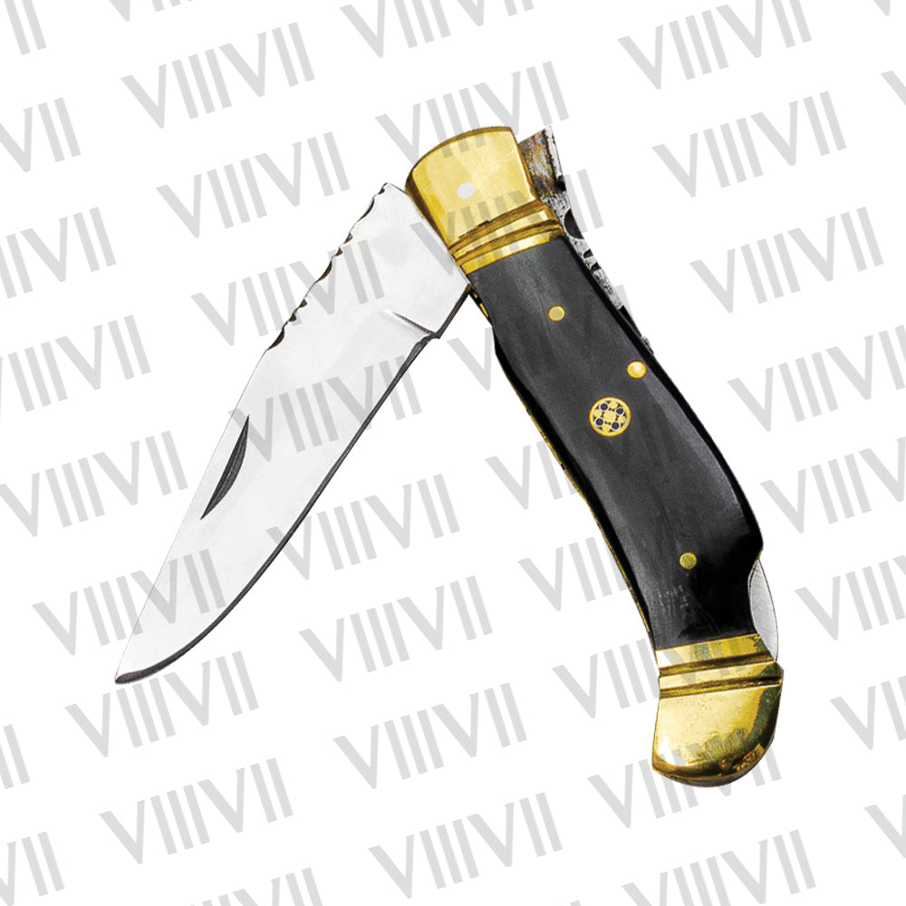 D2 Steel Folding Pocket Knife with Bull Horn Handle – Handmade with Leather Sheath, Square or Heart Wooden Gift Box