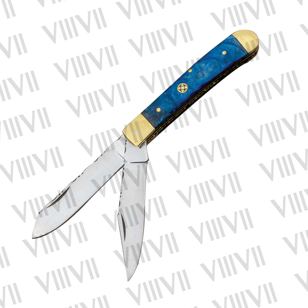 Double Blade Pocket Knife with Blue Resin Handle | Trapper Knife with Spey & Clip Point Blades – Gift Box or Leather Sheath Option