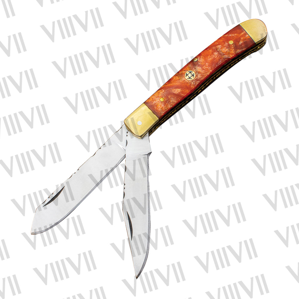 Double Blade Pocket Knife with Orange Resin Handle | Trapper Folding Knife with Clip & Spey Blades – Gift Box or Leather Sheath