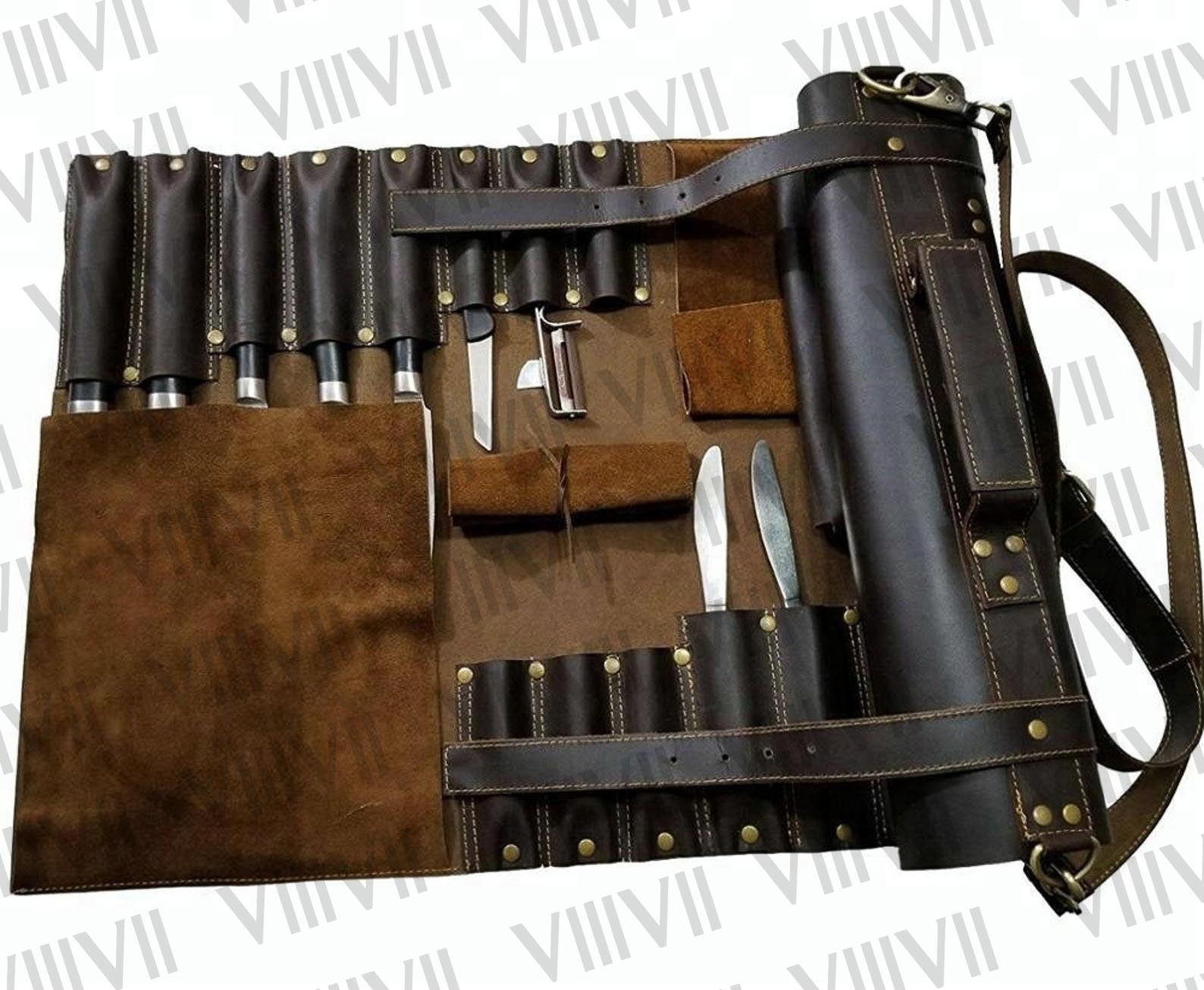 Leather knife roll, chef knife case in genuine leather, easy to carry and light