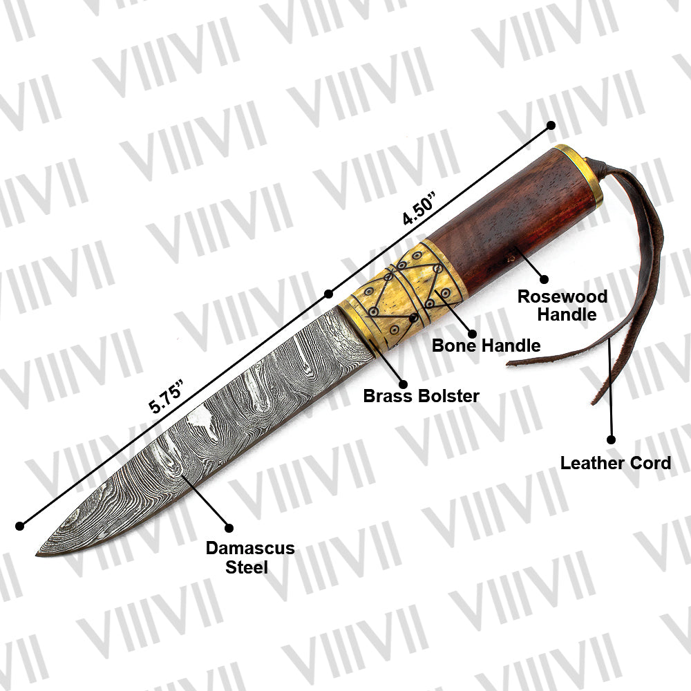 Viking Knife with Damascus Steel Blade | Rosewood & Bone Handle | Norse Pattern Design