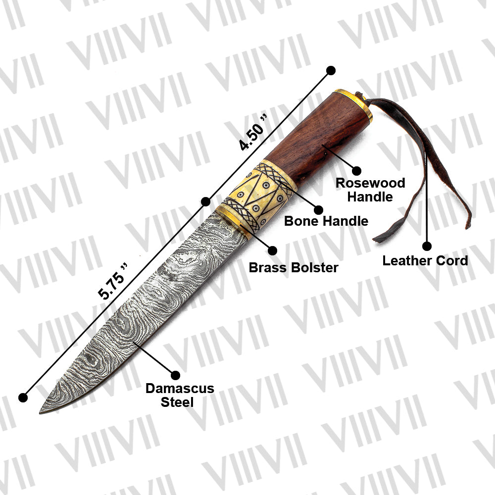 Viking Knife with Damascus Steel Blade | Bone & Wood Handle | Hand Engraved Norse Pattern