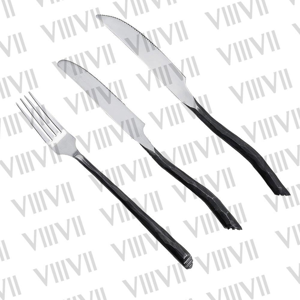 Medieval cutlery set with forged effect handles and high polish finish, Set of 6