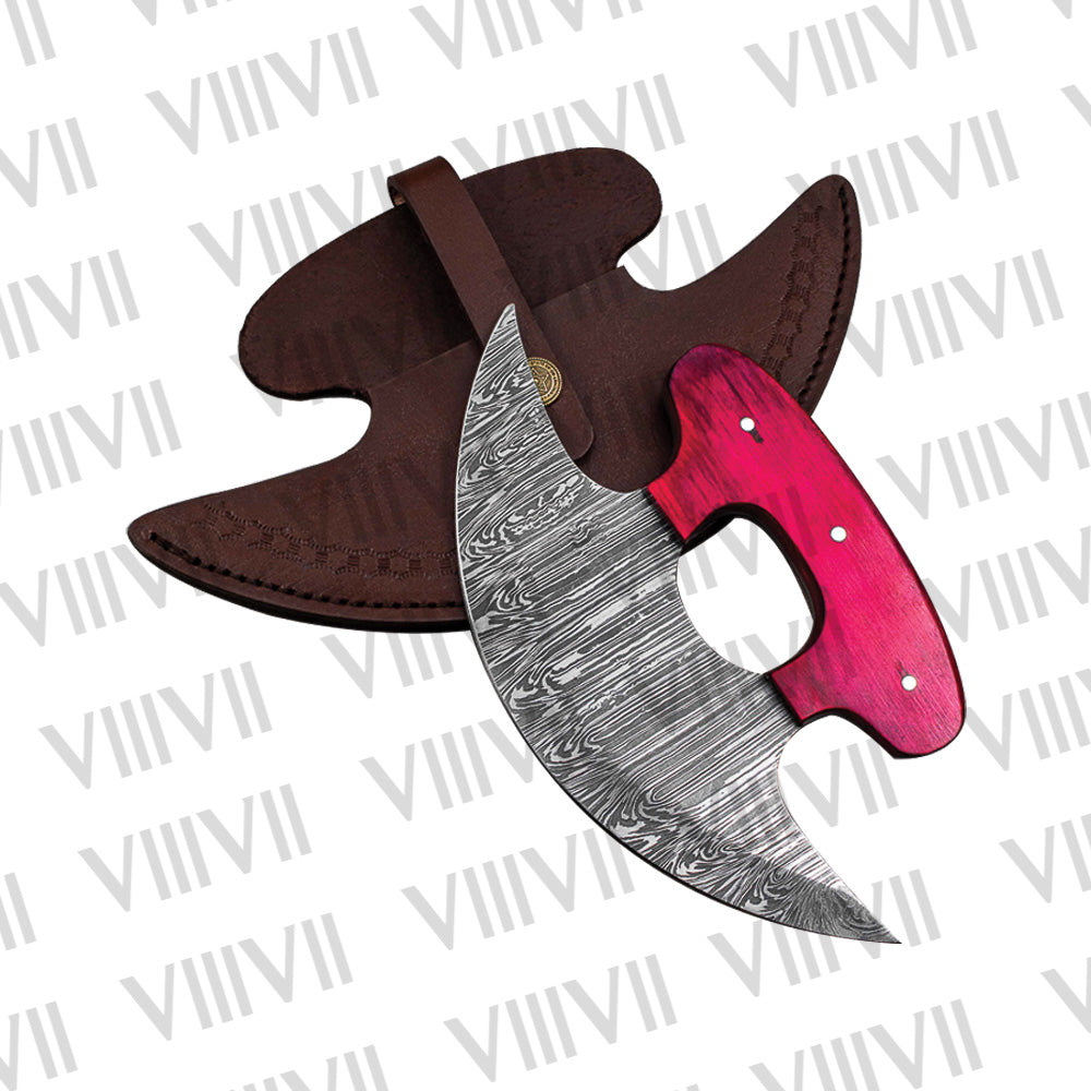 Pizza Knife, Alaskan Ulu Knife Forged from Damascus Steel with Pink Wood Handle – Unique Kitchen Tool & Gift