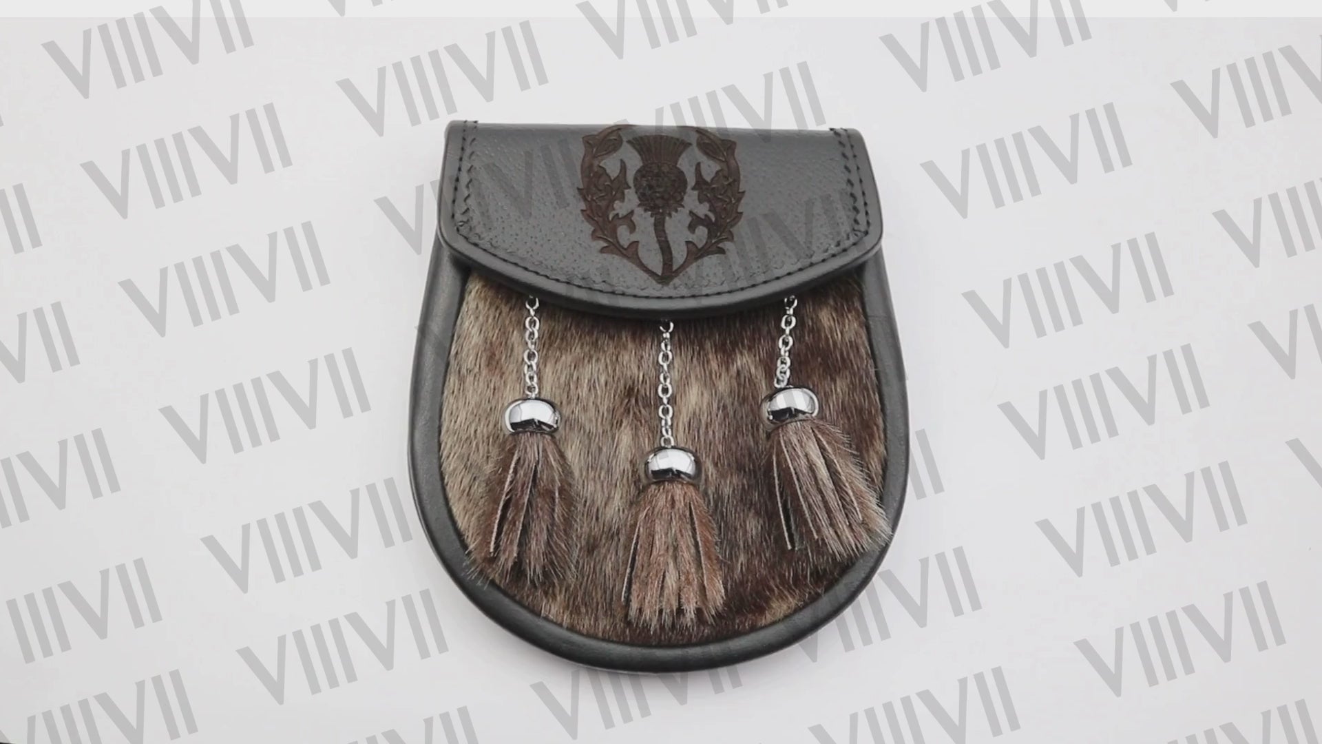 Scottish Seal Skin Sporran with Thistle Engraved Flap, Pig Grain Leather & Three Chrome Tassels Ideal for Highland Games and Events