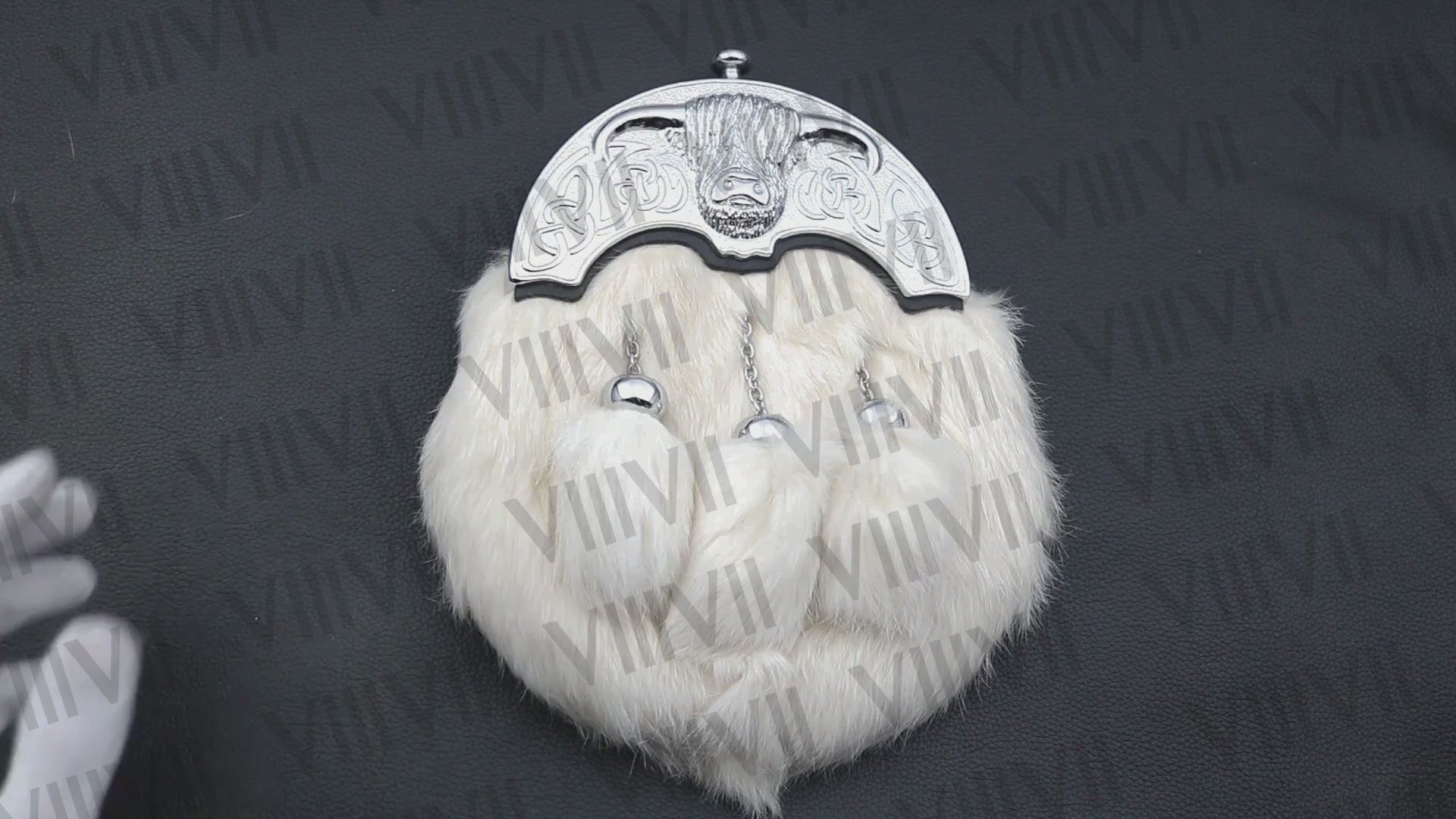 White Rabbit Fur Sporran with Chrome Bull Cantle and Genuine Leather Handmade Scottish Kilt Accessory for Highland Events and Weddings