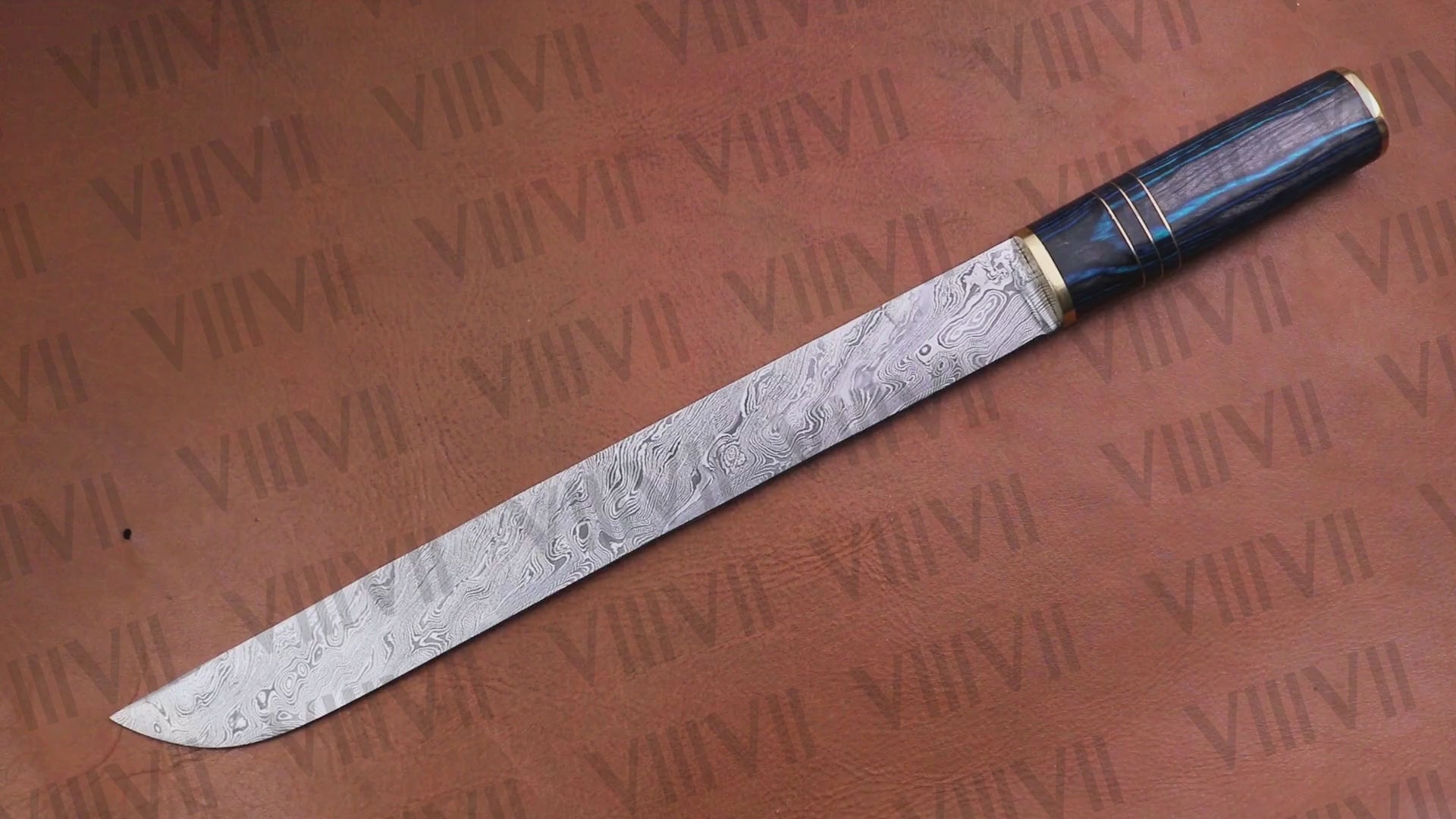 Damascus Steel Birka Knife – Handmade Viking Seax Knife with Blue Resin Wood Handle