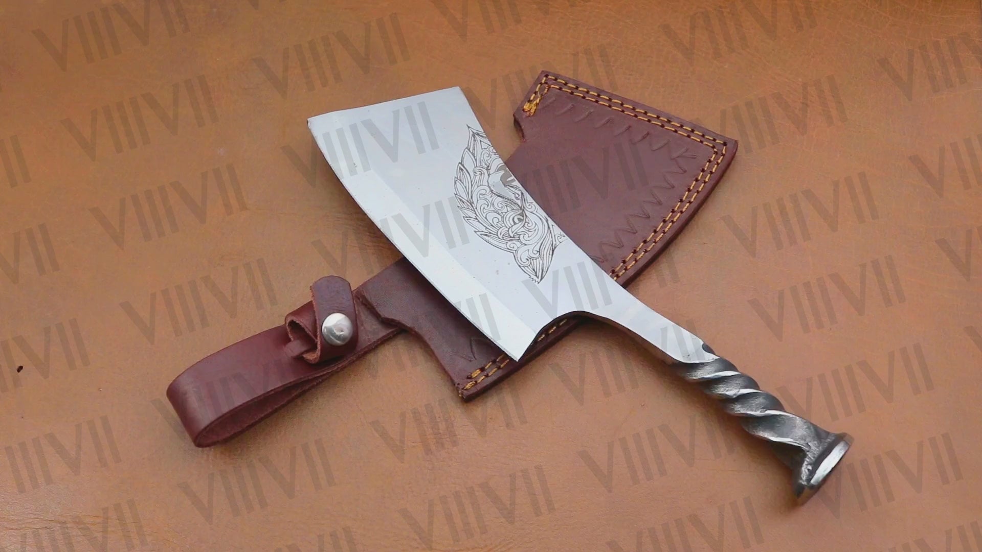 Hand Forged Wolf Engraved Cleaver | Railroad Spike Knife with Leather Sheath | Unique Handmade Gift for Him