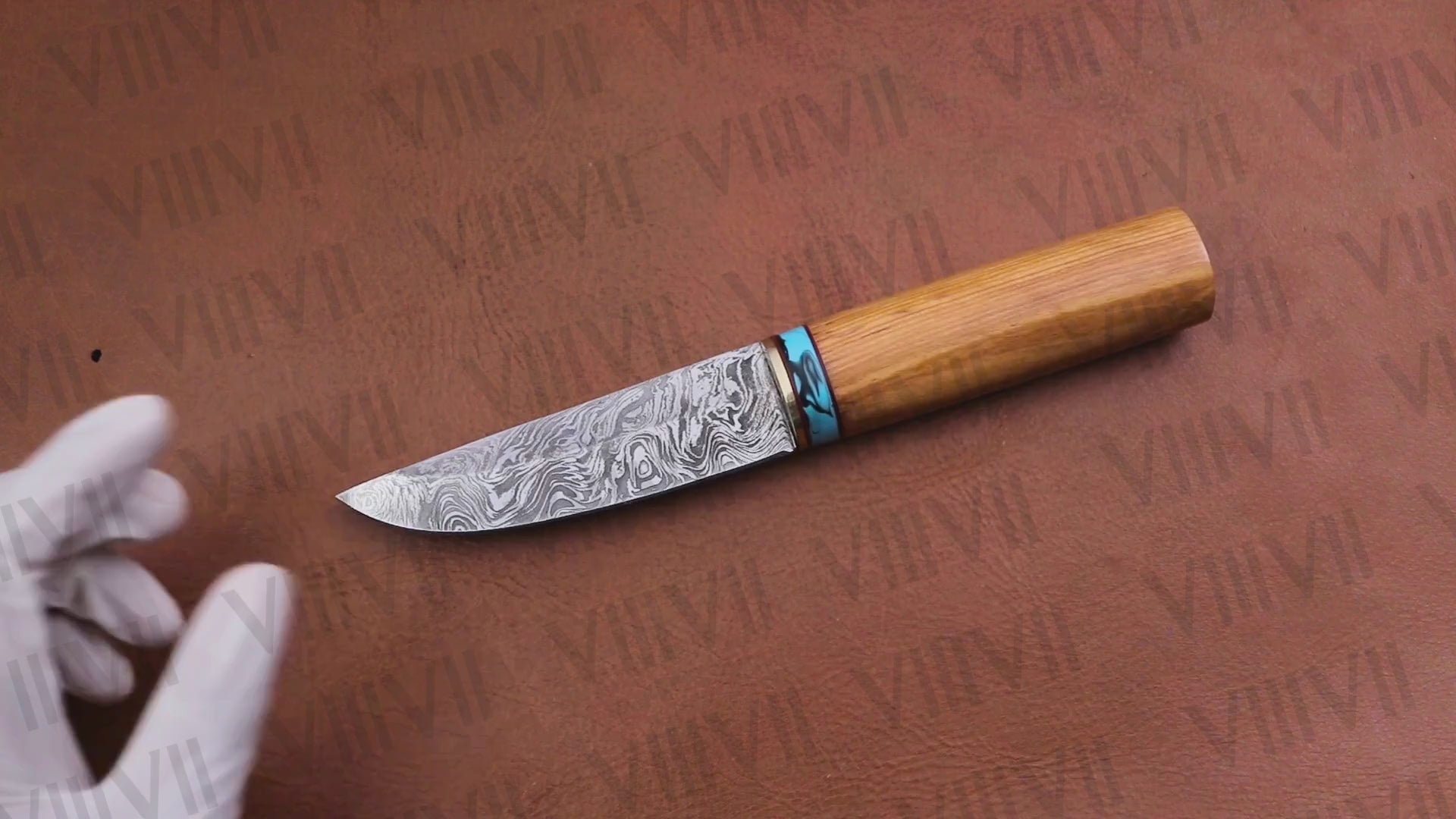 Viking Birka Knife in Damascus Steel – Handmade Norse Knife with Turquoise & Olive Wood Handle