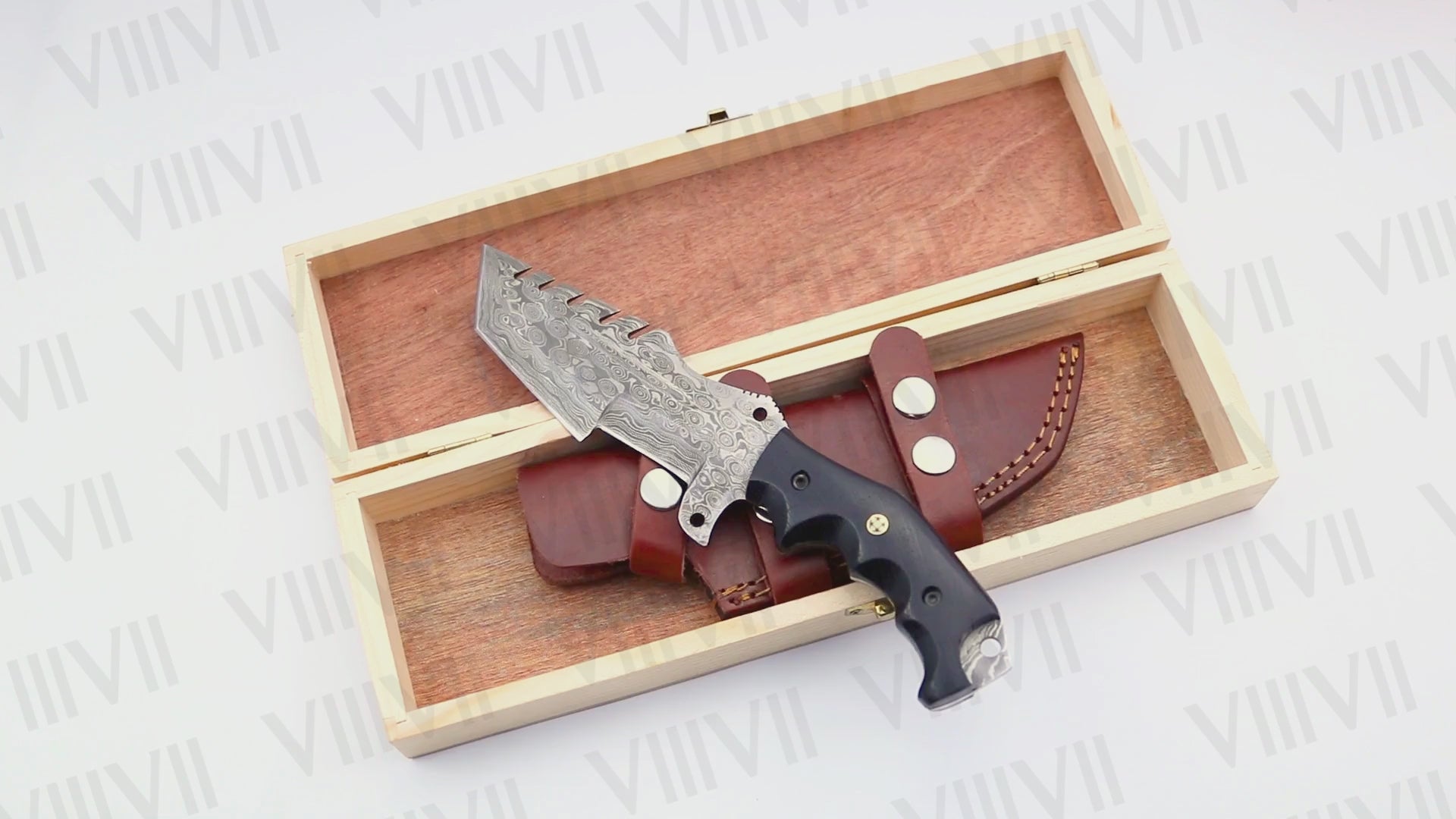 Handmade Damascus Steel Hunting Knife – Fixed Blade with Wangi Wood Handle, Scout Carry Sheath & Wooden Gift Box