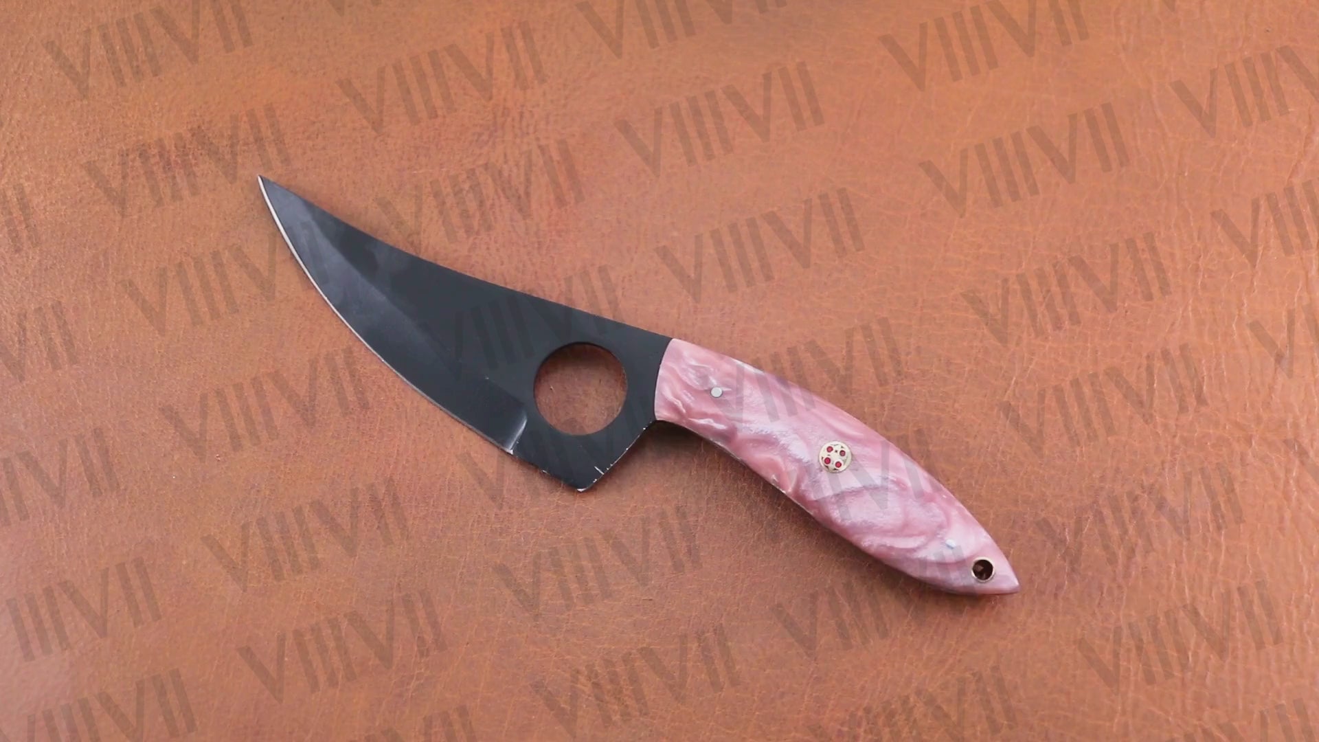 Black Hunting Knife with Wavy Pink Resin Handle – Forged in 440C Steel for Outdoor Use