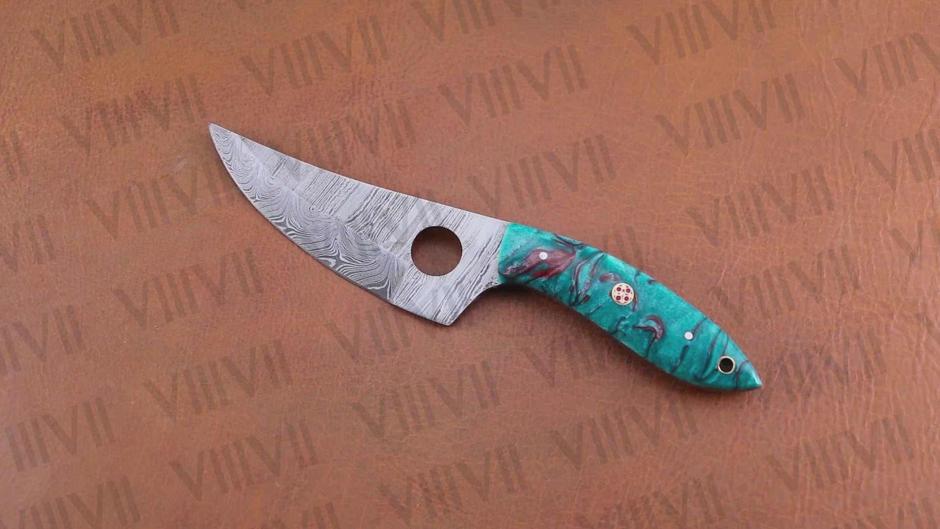 Custom Knife Forged in Damascus Steel with Beautiful Aqua Resin Handle