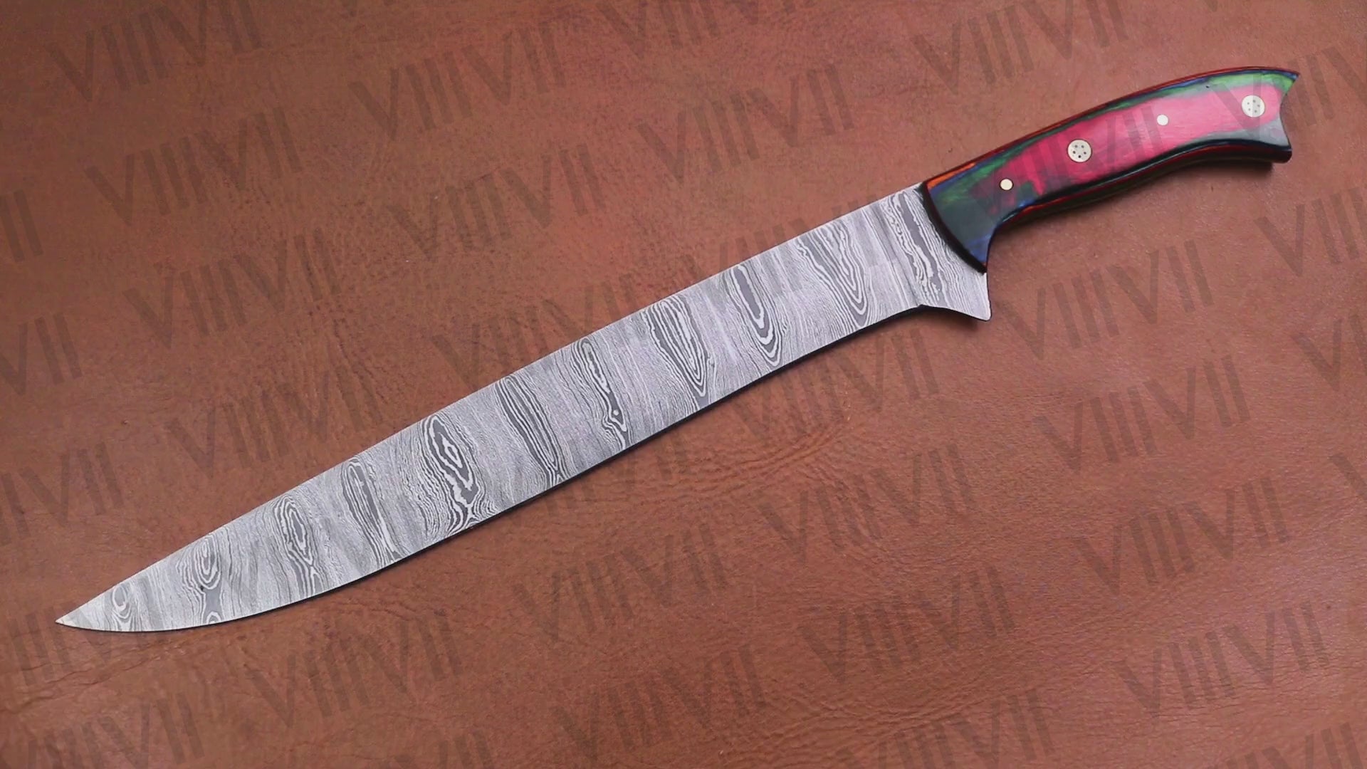 Classic Brisket Carving Knife in Damascus Steel with Multi-Wood Handle – Handcrafted Precision