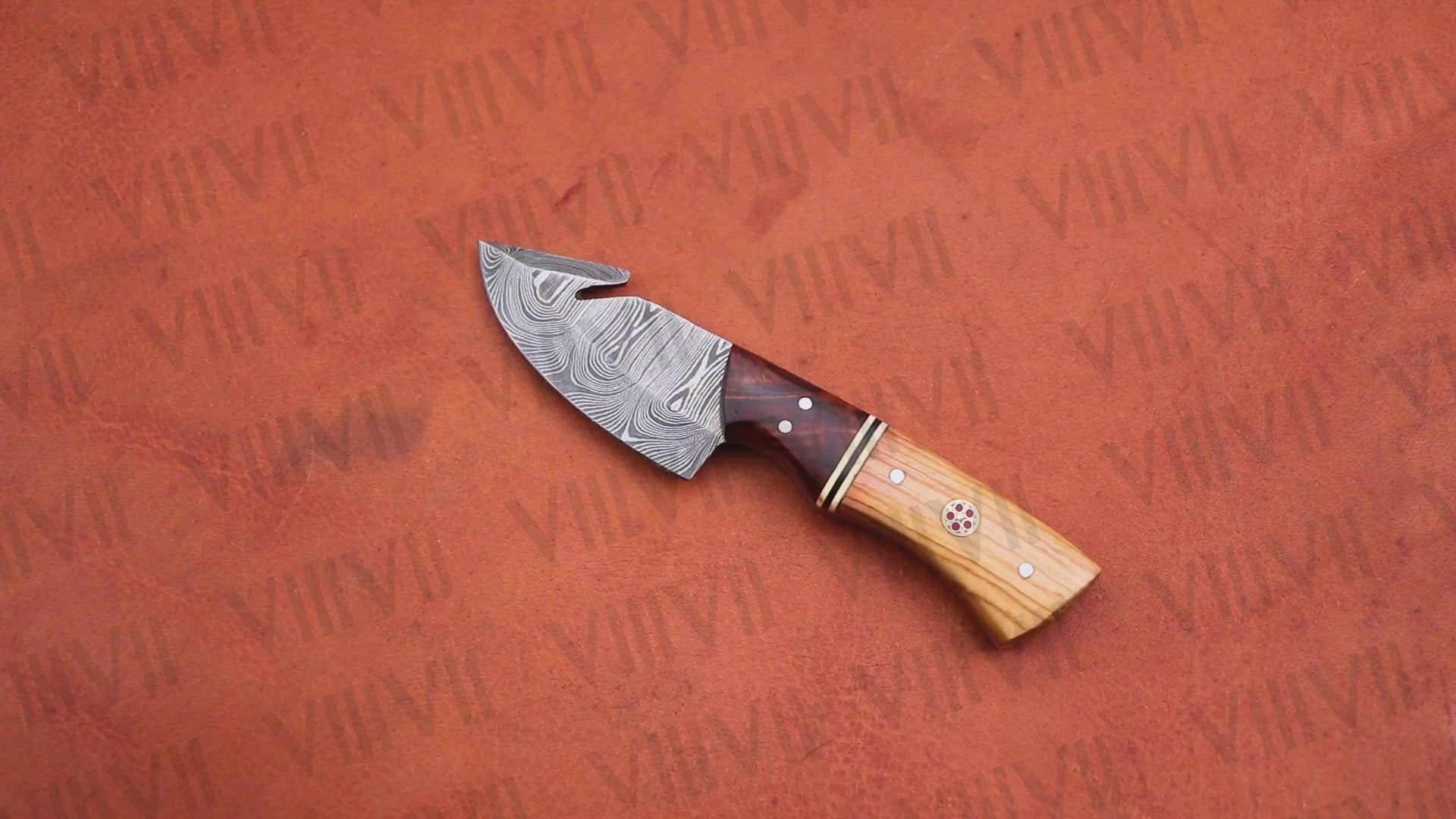 Damascus Steel Gut Hook Knife with Ashwood Handle – Hand-Forged Hunting & Camping Tool