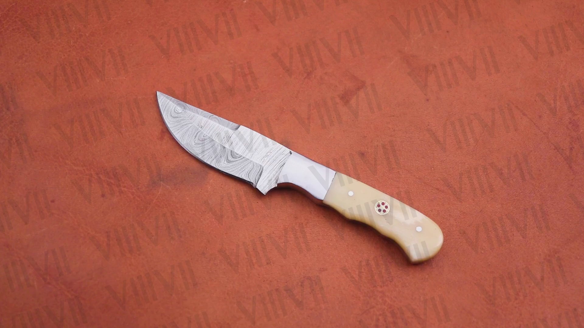 Damascus Steel Gut Hook Hunting Knife – Camel Bone Handle & Full Tang | Hand Forged Knife for Outdoor, Survival & Gifting