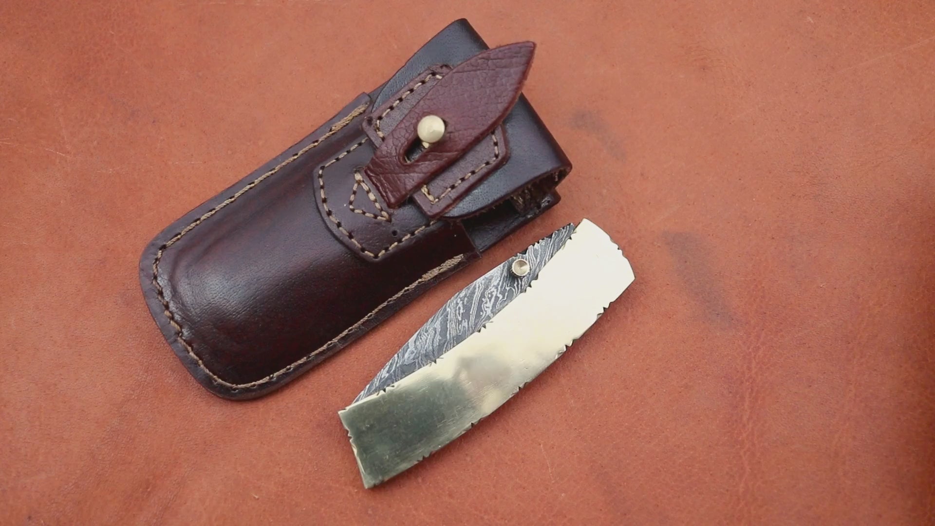 Damascus Steel Pocket Knife with Brass Handle | Handcrafted Folding Knife in Leather Sheath