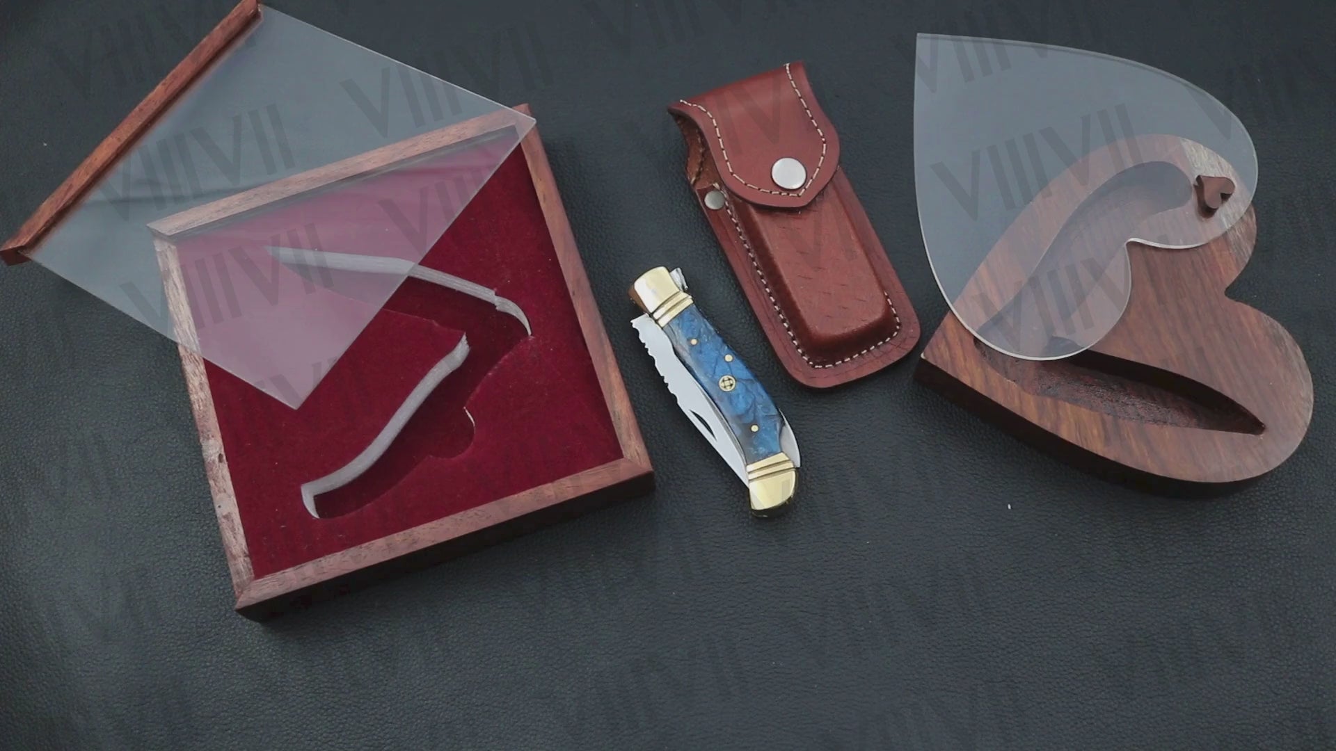 Handmade D2 Steel Pocket Knife with Blue Resin Handle – Includes Leather Sheath, Square Box or Heart Gift Box