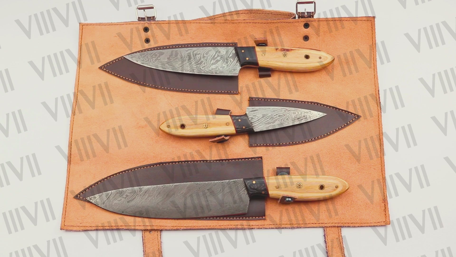 Damascus Steel Chef Knife Set with Ash Wood Handle – Handcrafted Precision and Style