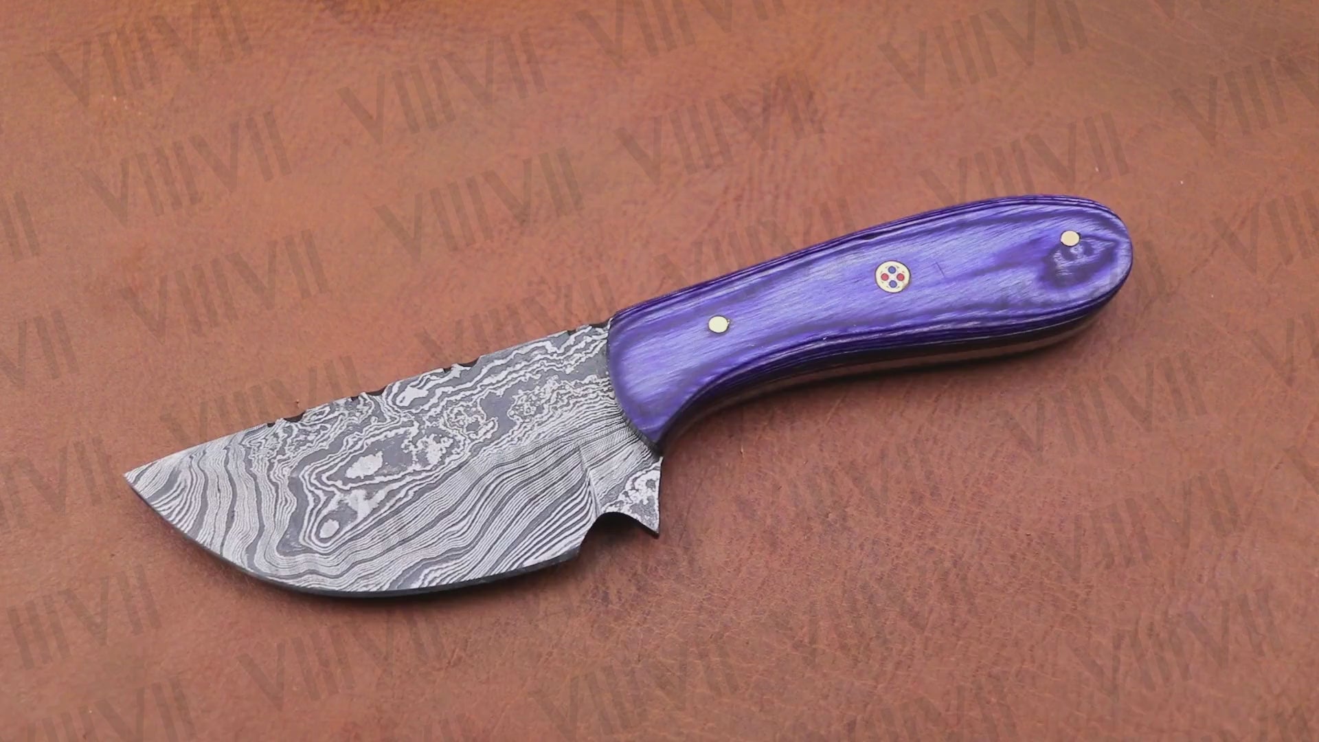 Damascus Steel Skinning Knife – Purple Wood Handle | Hand Forged Full Tang Hunting Knife for Outdoor Use & Gifts
