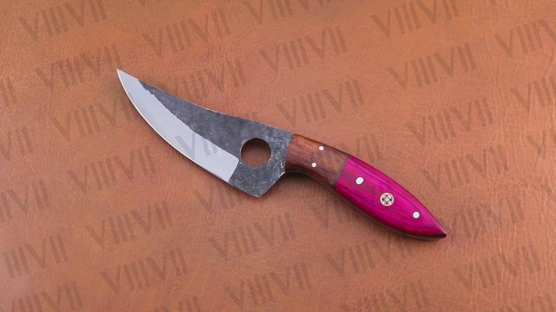 Handmade Viking knife in stainless steel rustic effect with beautiful pink wood handle