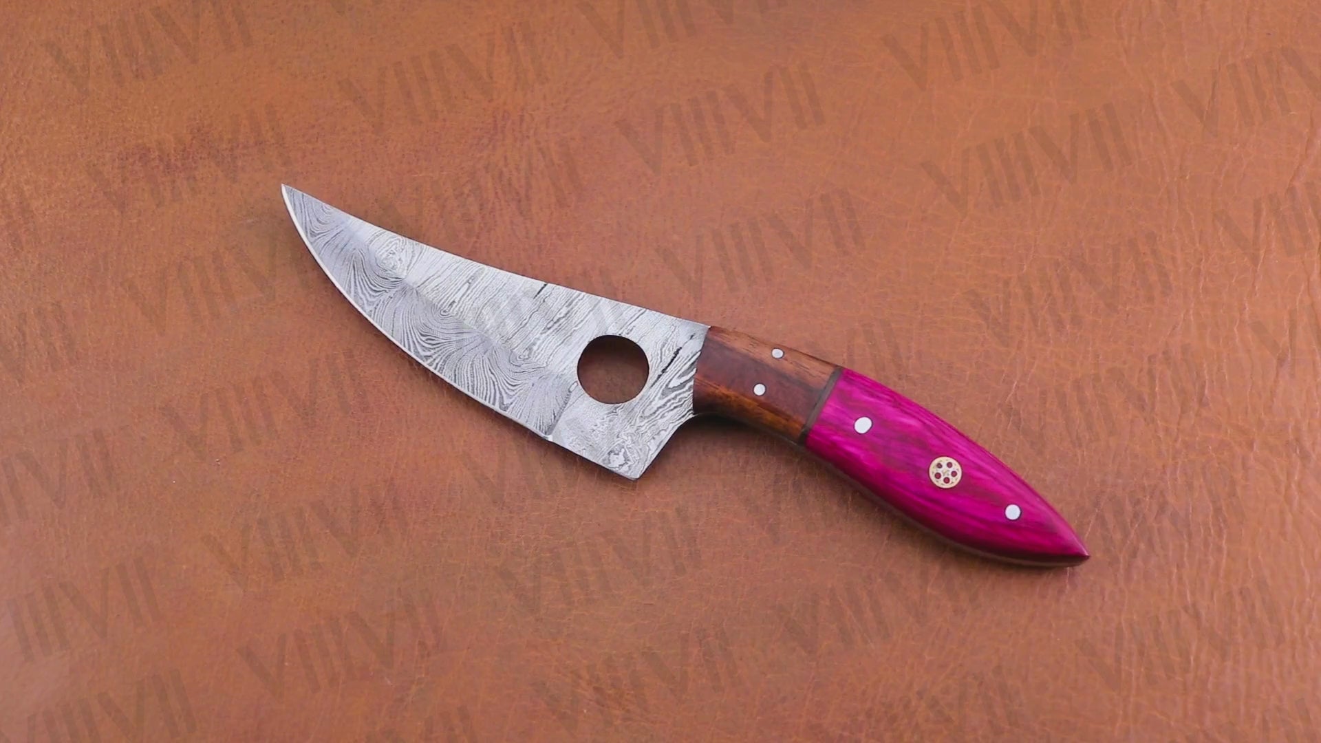 Handmade Damascus Steel Knife with Twisted Pattern & Pink Wood Handle – Outdoor & Kitchen Use