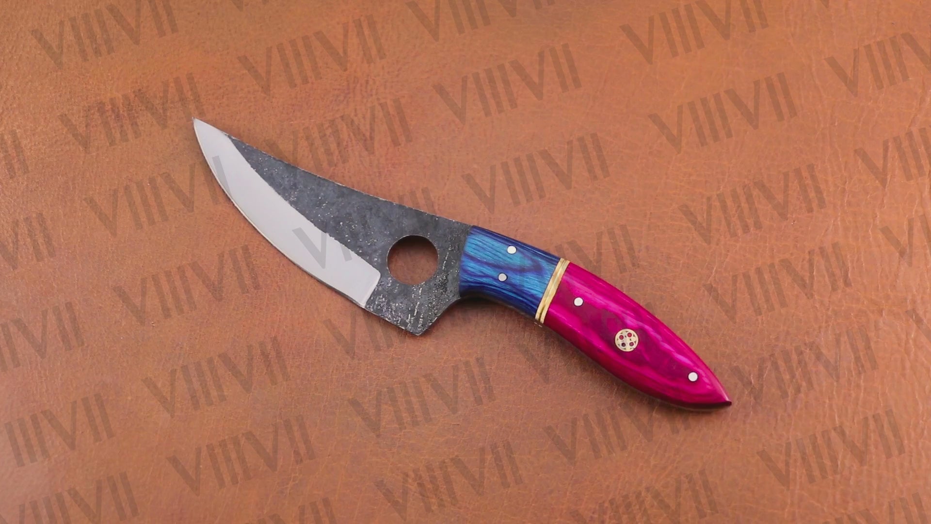 Forged Viking Knife with Pink Wood Handle & Brass Mosaic Pins – 440C Steel Hunting & Outdoor Tool