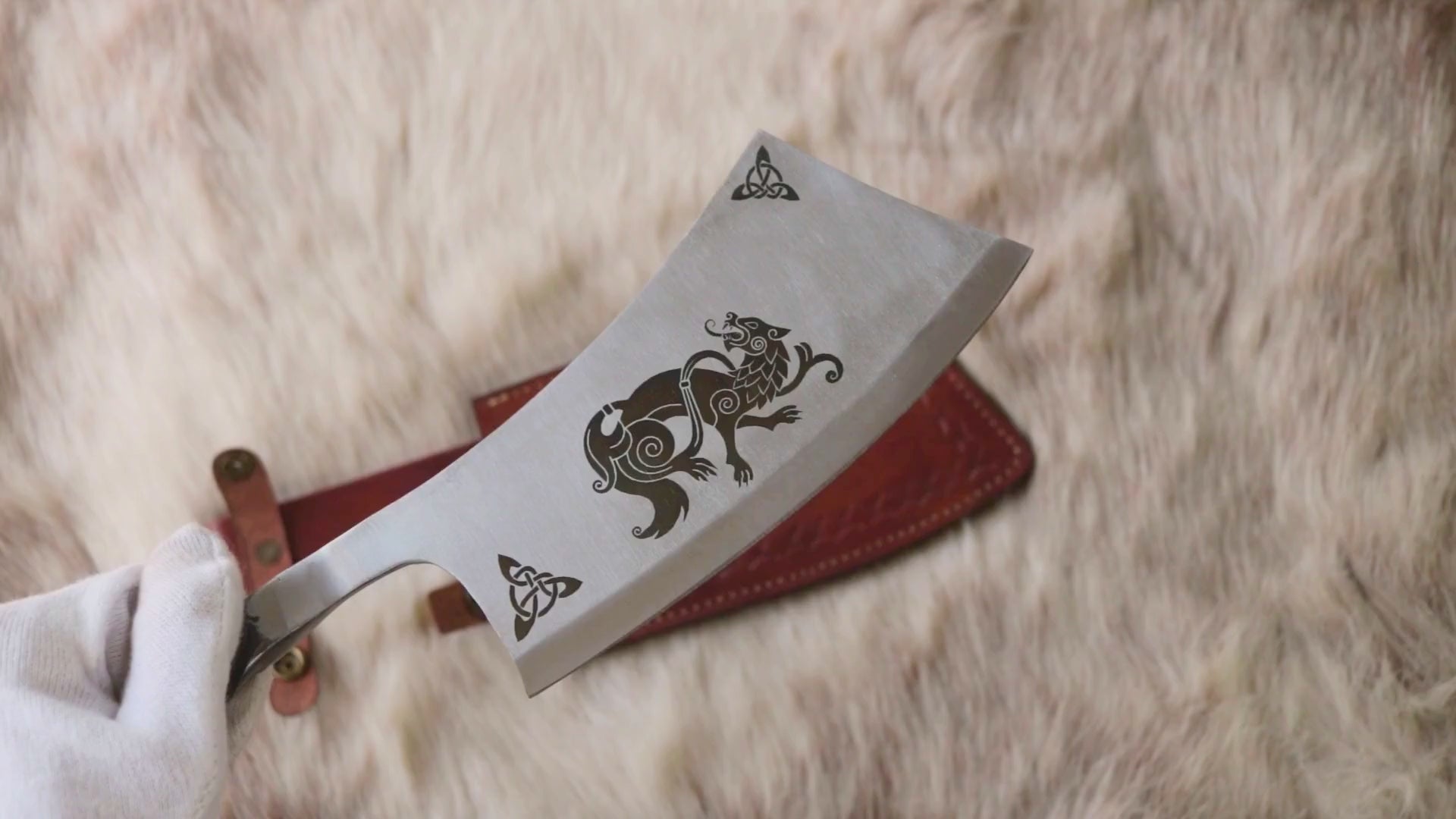 Hand Forged Freki & Geri Engraved Cleaver | Railroad Spike Knife with Leather Sheath | Unique Viking Gift for Him