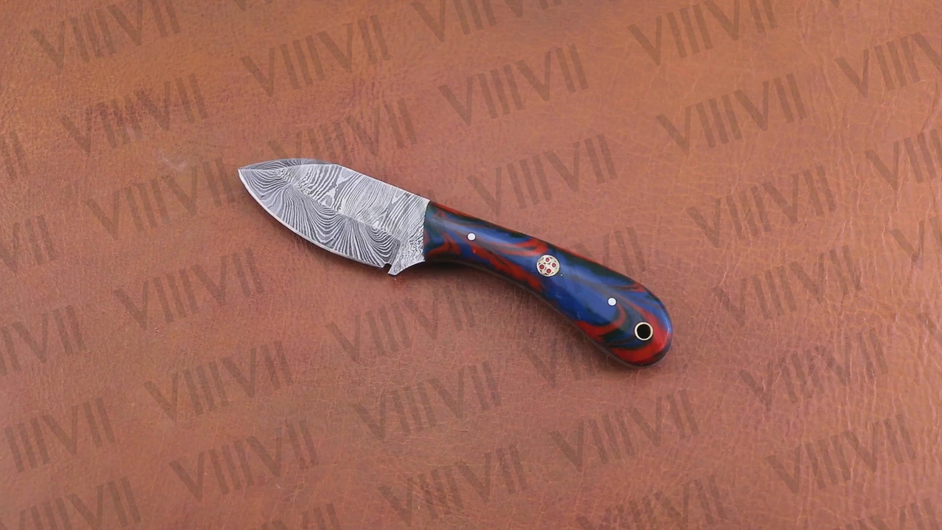Forged Damascus Knife with Twisted Pattern Blade & Red-Blue Resin Handle – Handmade Hunting & Kitchen Knife