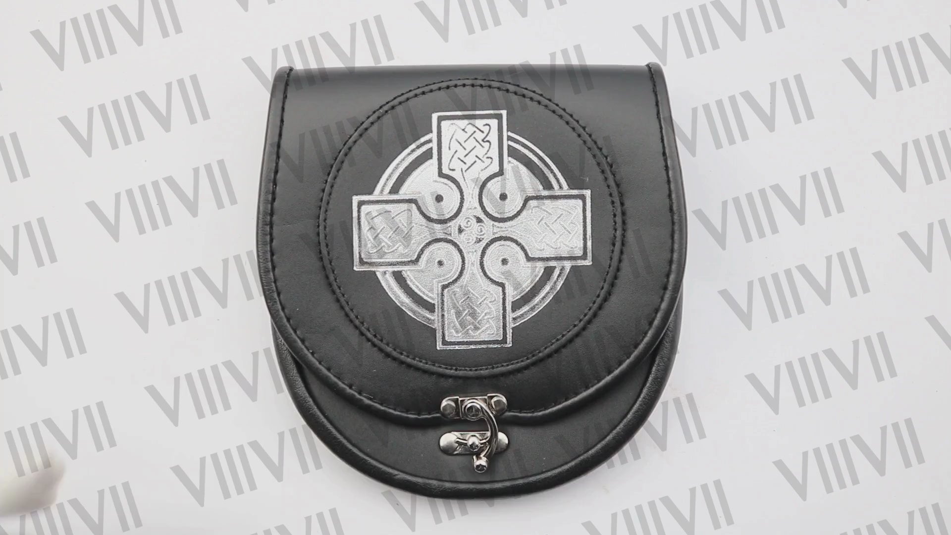 Genuine Leather Black Day Sporran with Celtic Silver Print on Flap Perfect for Highland Games, Weddings and Formal Scottish Events