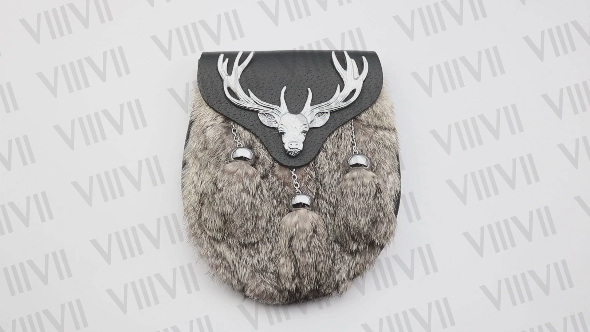 Grey rabbit fur sporran with stag badge & genuine leather Highland kilt accessories highland games Parade wedding burn nights Scottish gifts